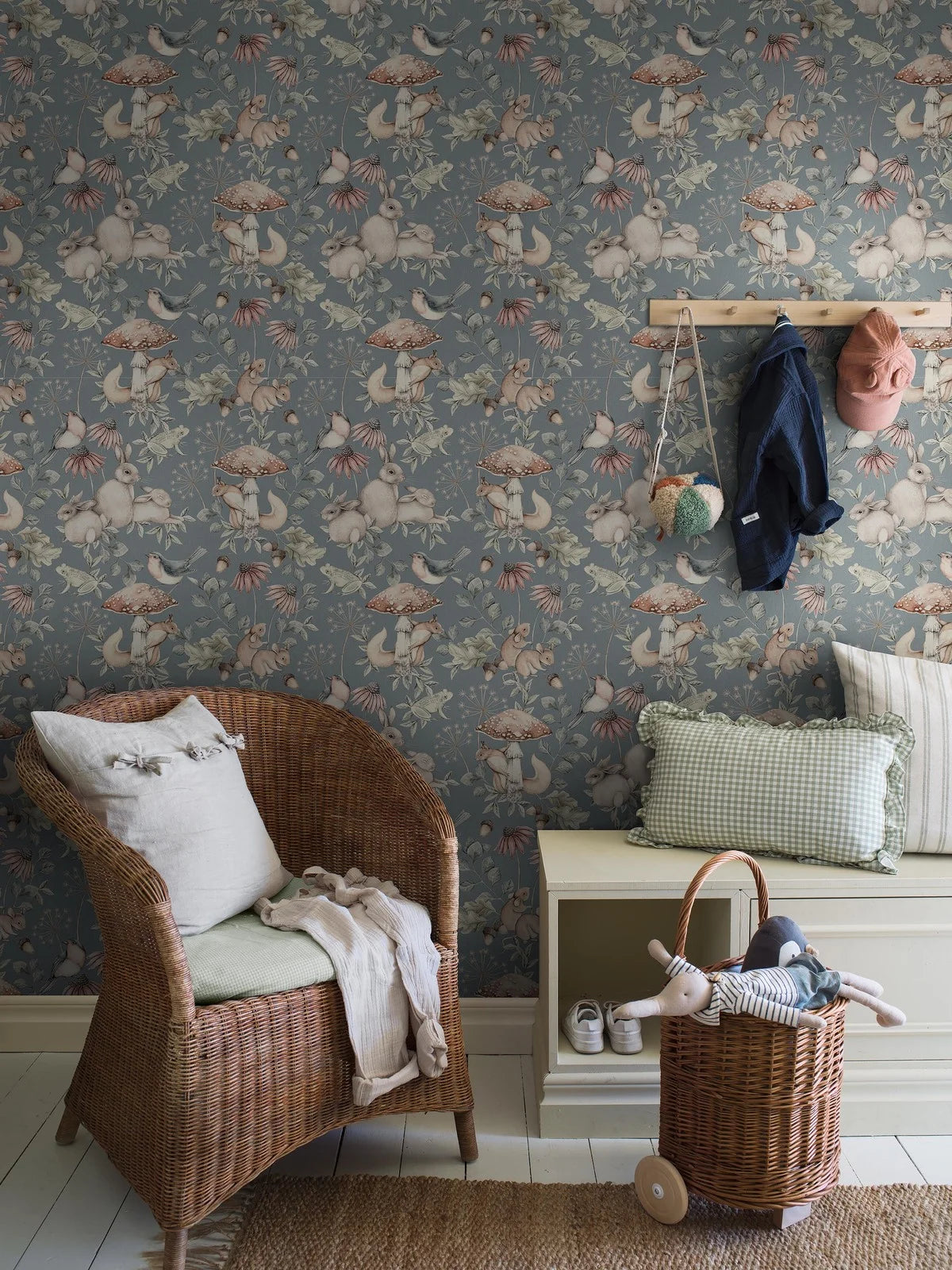 MINOU Children's Wallpaper with Animal Motif in Muted Blue