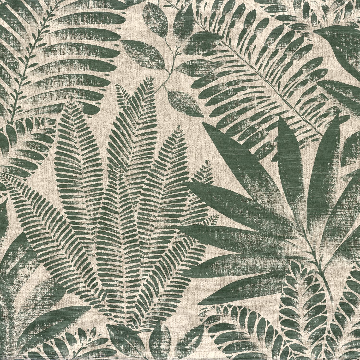 Structural wallpaper imitating canvas with a plant motif ALOES - VERT IMPERIAL/GREGE green with beige