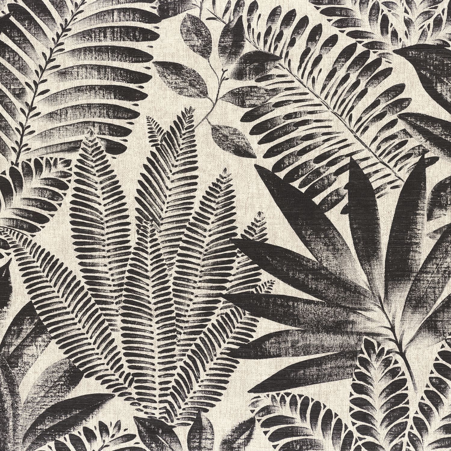 Structural wallpaper imitating canvas with a plant motif ALOES - NOIR/GREGE black with brown
