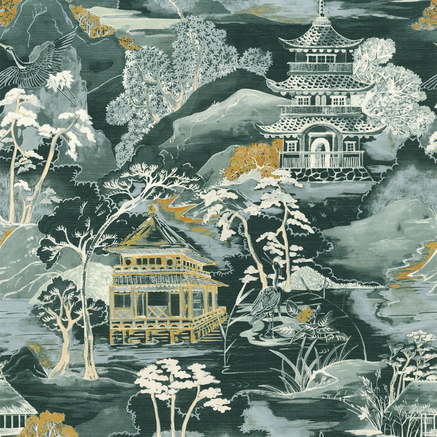 Structural wallpaper with oriental landscape NARA - VERT IMPERIAL green