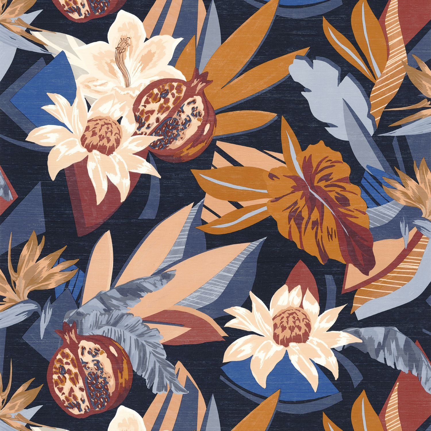 Structural wallpaper with a botanical motif SALVADOR - MARINE/TERRE DE SIENNE navy blue with terracotta