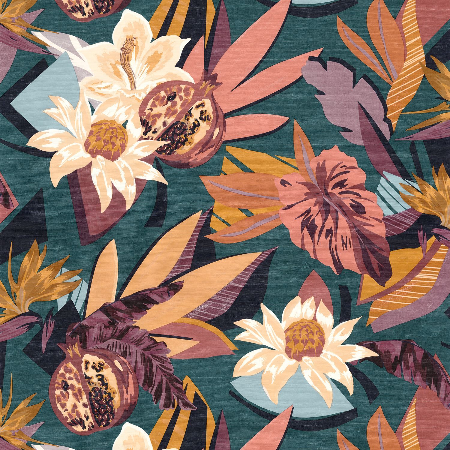 Structural wallpaper with a botanical motif SALVADOR - PETROLE/BLUSH green with pink