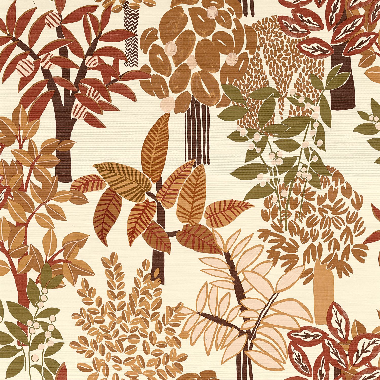 Structural wallpaper with a botanical motif PERADENIYA - WHITE/TERRACOTTA white with terracotta