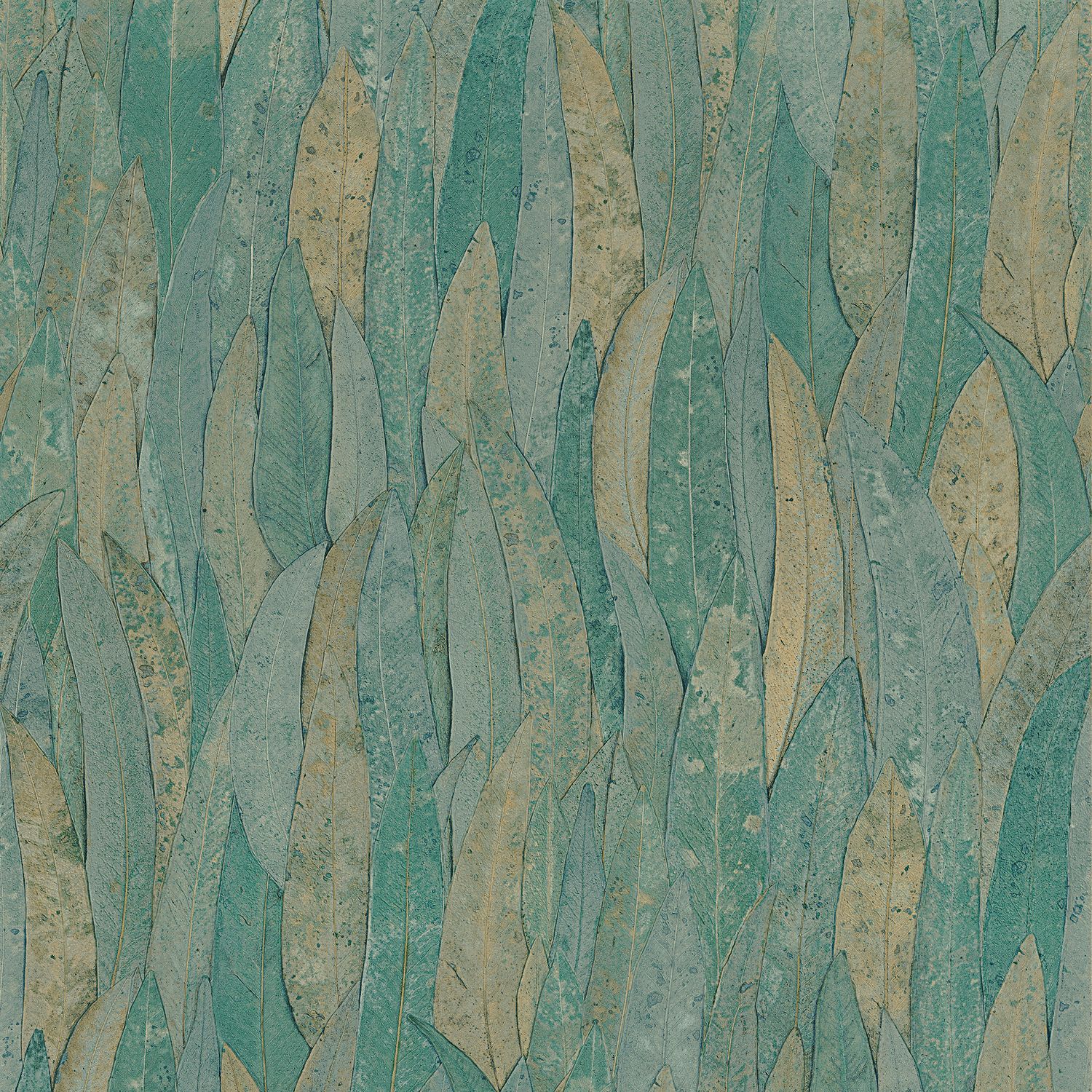 Structural wallpaper with a eucalyptus leaf plant motif NELUWA - CARAÏBE turquoise with brown