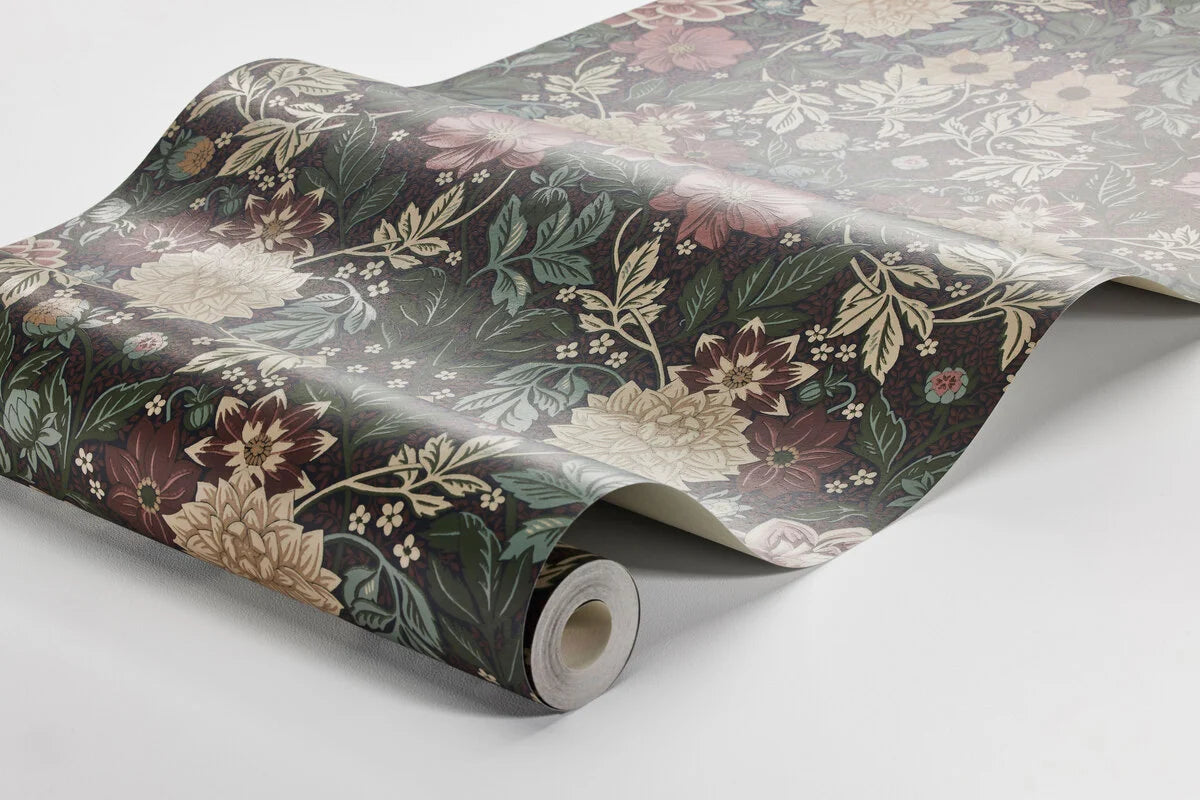 Vlies-Tapete mit Pflanzenmuster DAHLIA GARDEN in schmutzigem Rosa mit Grün