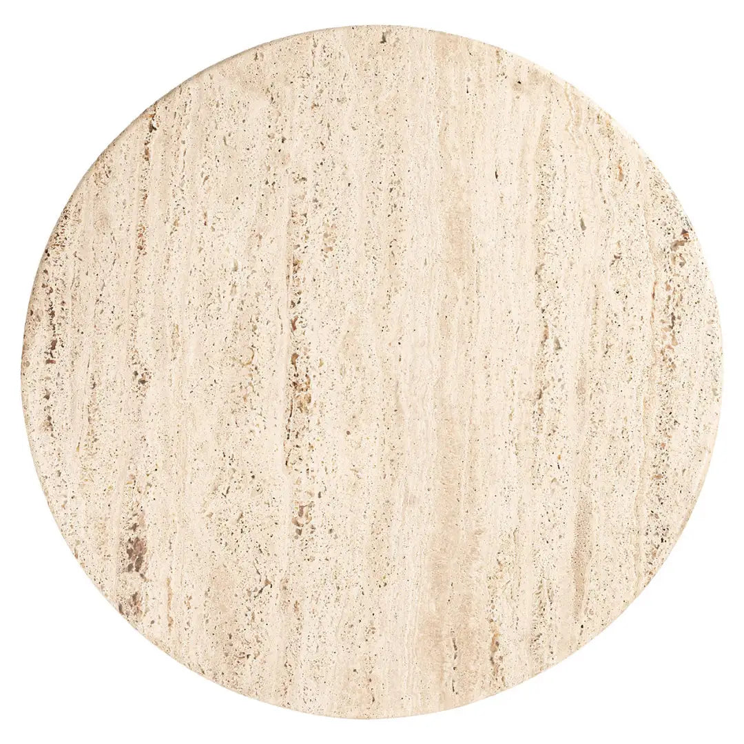 Runder Couchtisch DOUGLAS aus Travertin mit Holzgestell