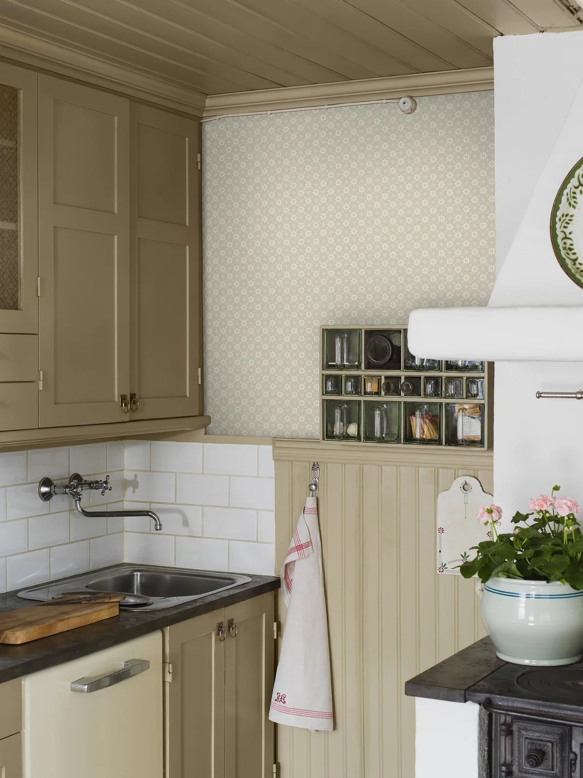 Vlies-Tapete mit geometrischem Muster STELLA in Weiß mit Beige