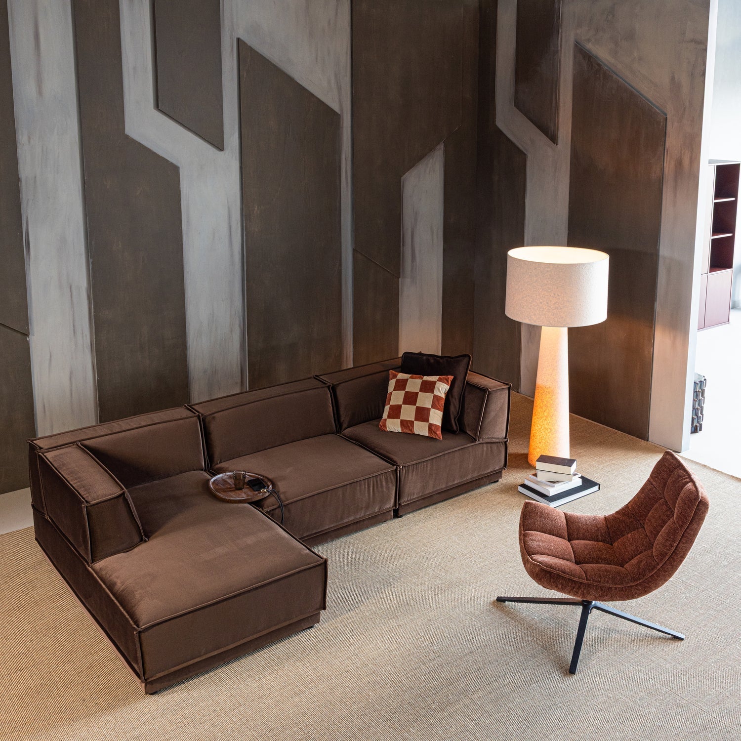 MAUDI swivel armchair in rusty brown chenille