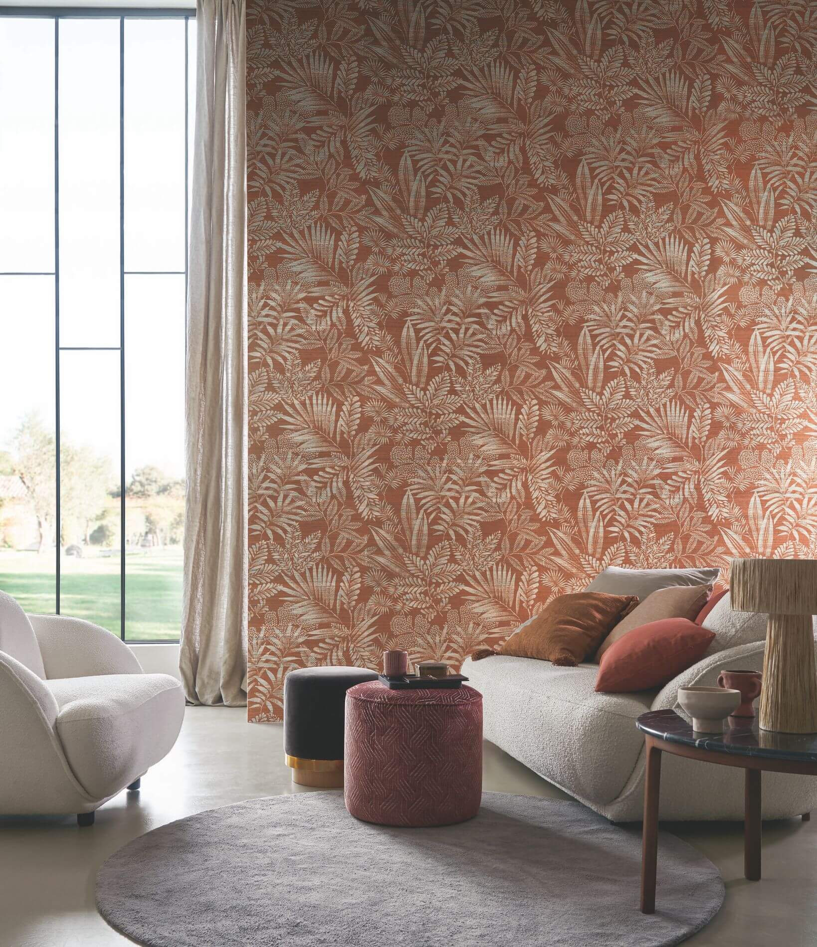 Structural wallpaper made of sisal with a plant motif of MANDRARE leaves - OCRE orange with white