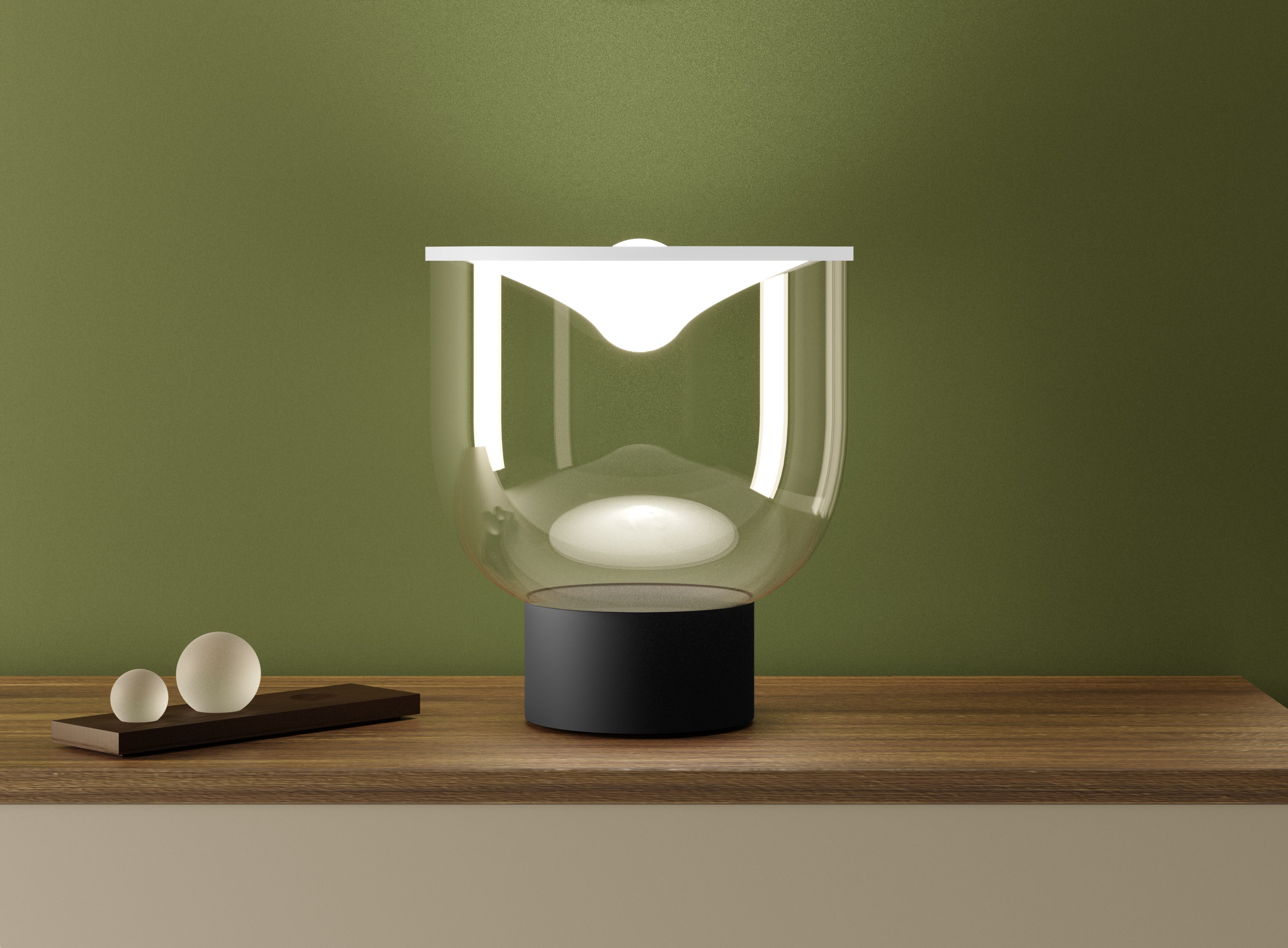 Tischlampe GRAMMOLUCE mit gläsernem Schirm und schwarzem Fuß