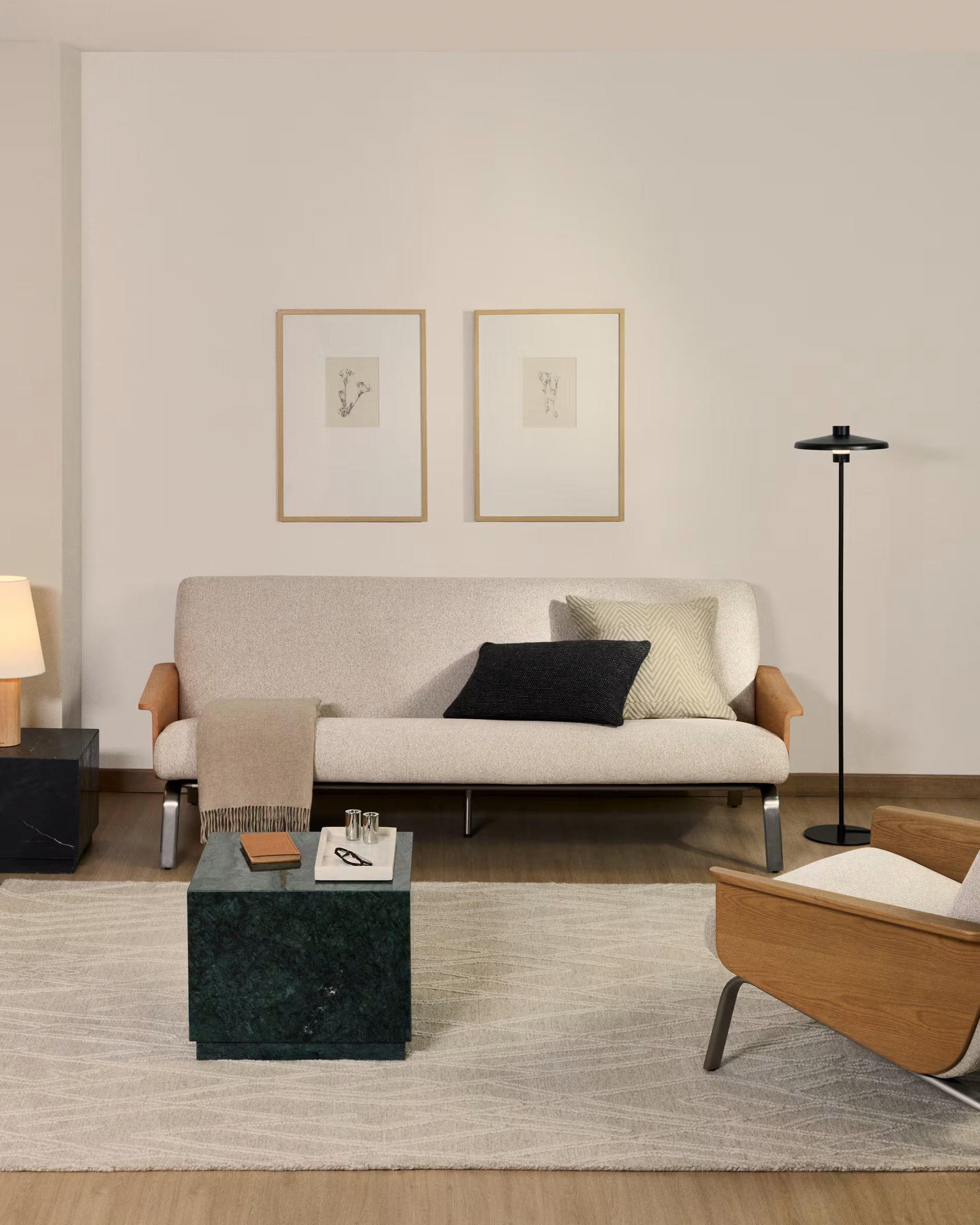 3-Sitzer Sofa AMSEN beige mit Eichenfurnier und Stahlgestell