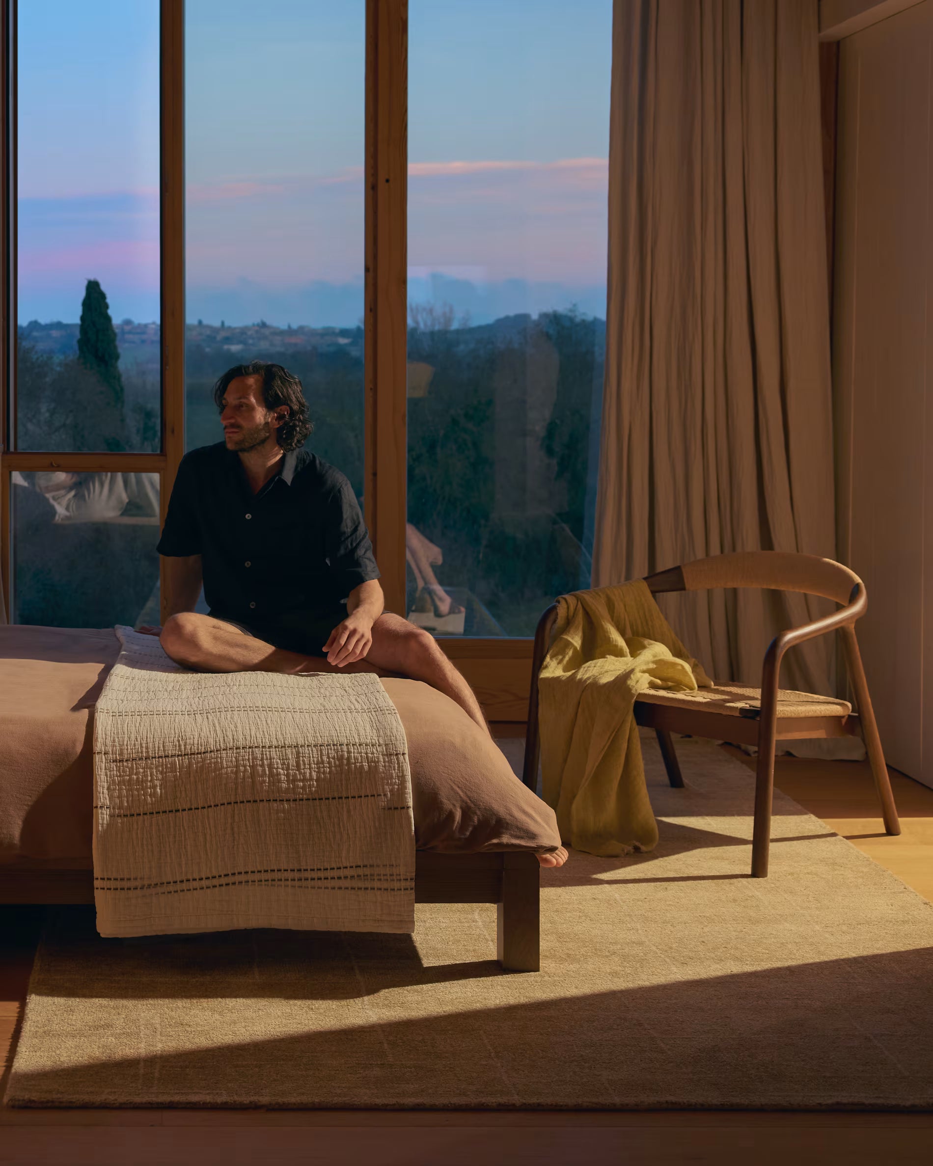 DERILE Armchair in Beige with Dark Wooden Base