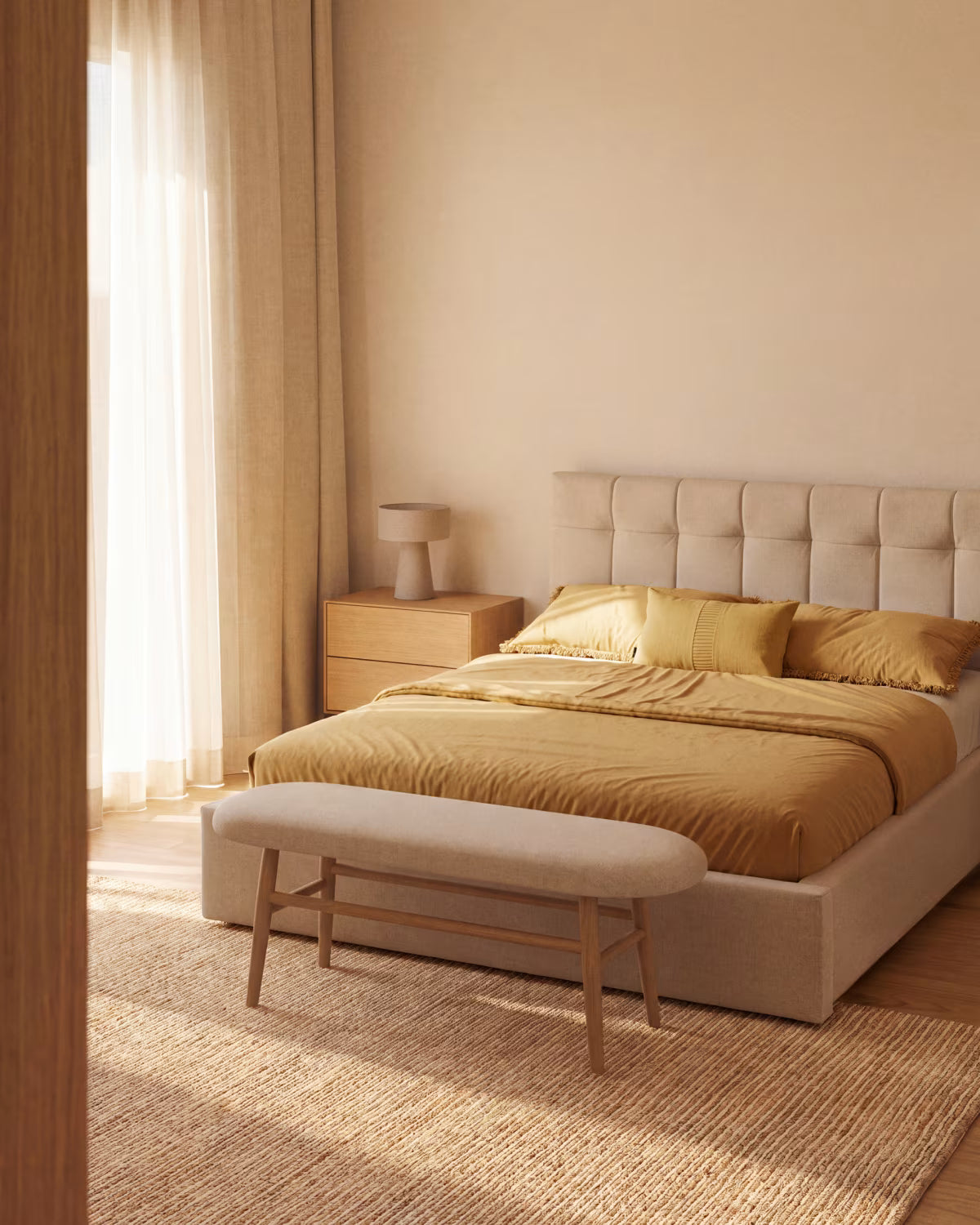 Bank HELDA in beige Chenille mit einer furnierten Eichenbasis