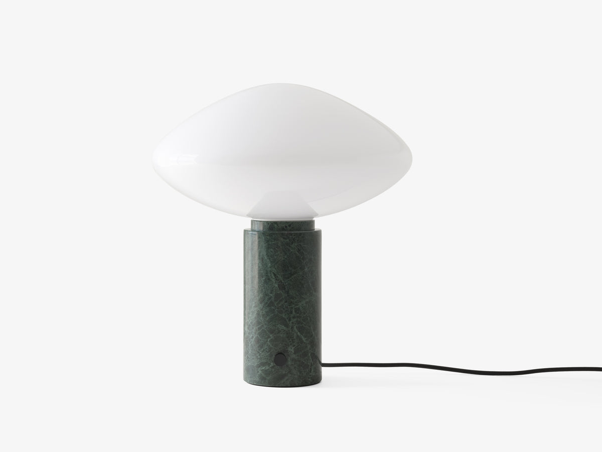 Tischlampe MIST AP17 mit gläsernem Schirm und grüner Marmorbasis