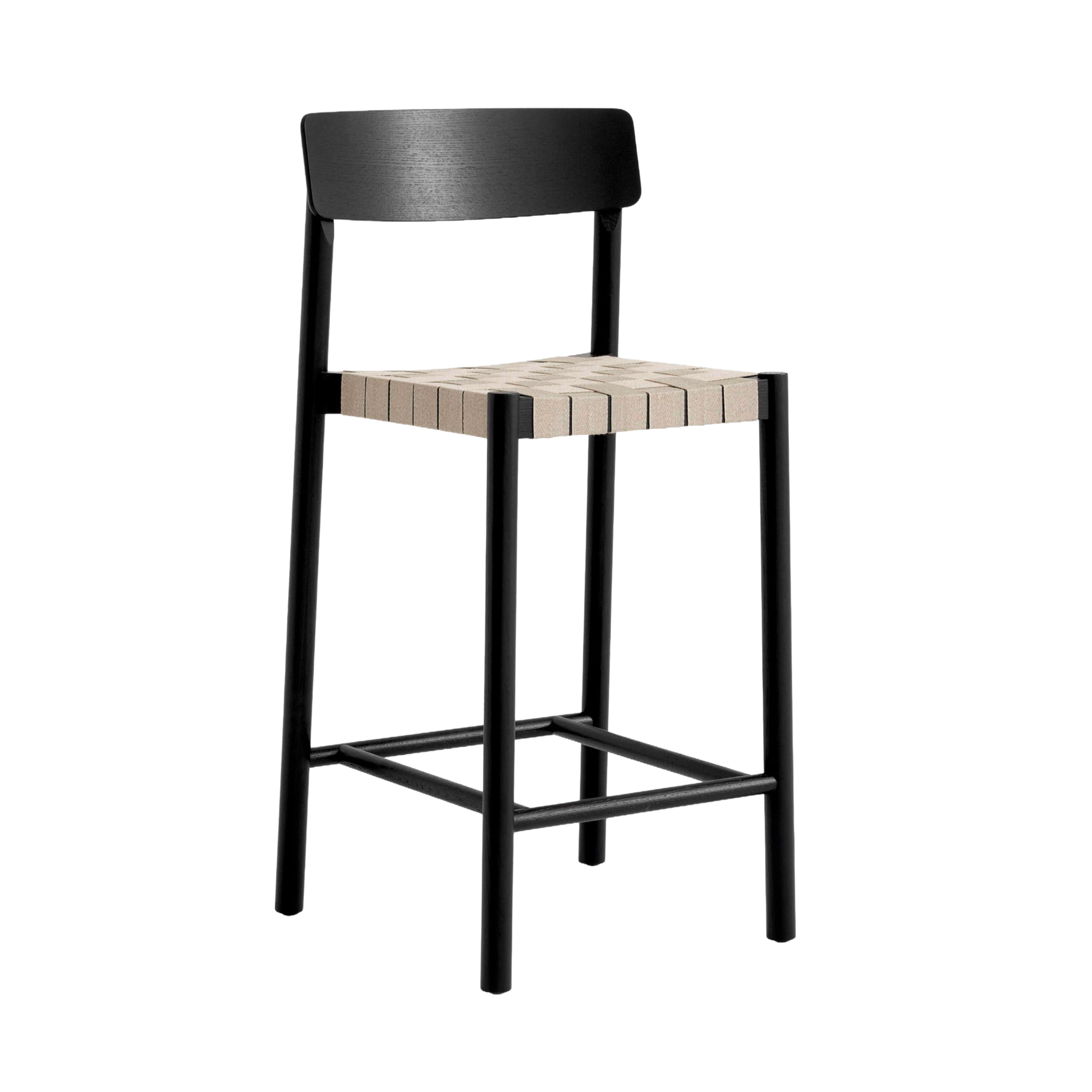 Hocker BETTY mit beigem, gewebtem Sitz aus schwarz lackiertem Eschenholz