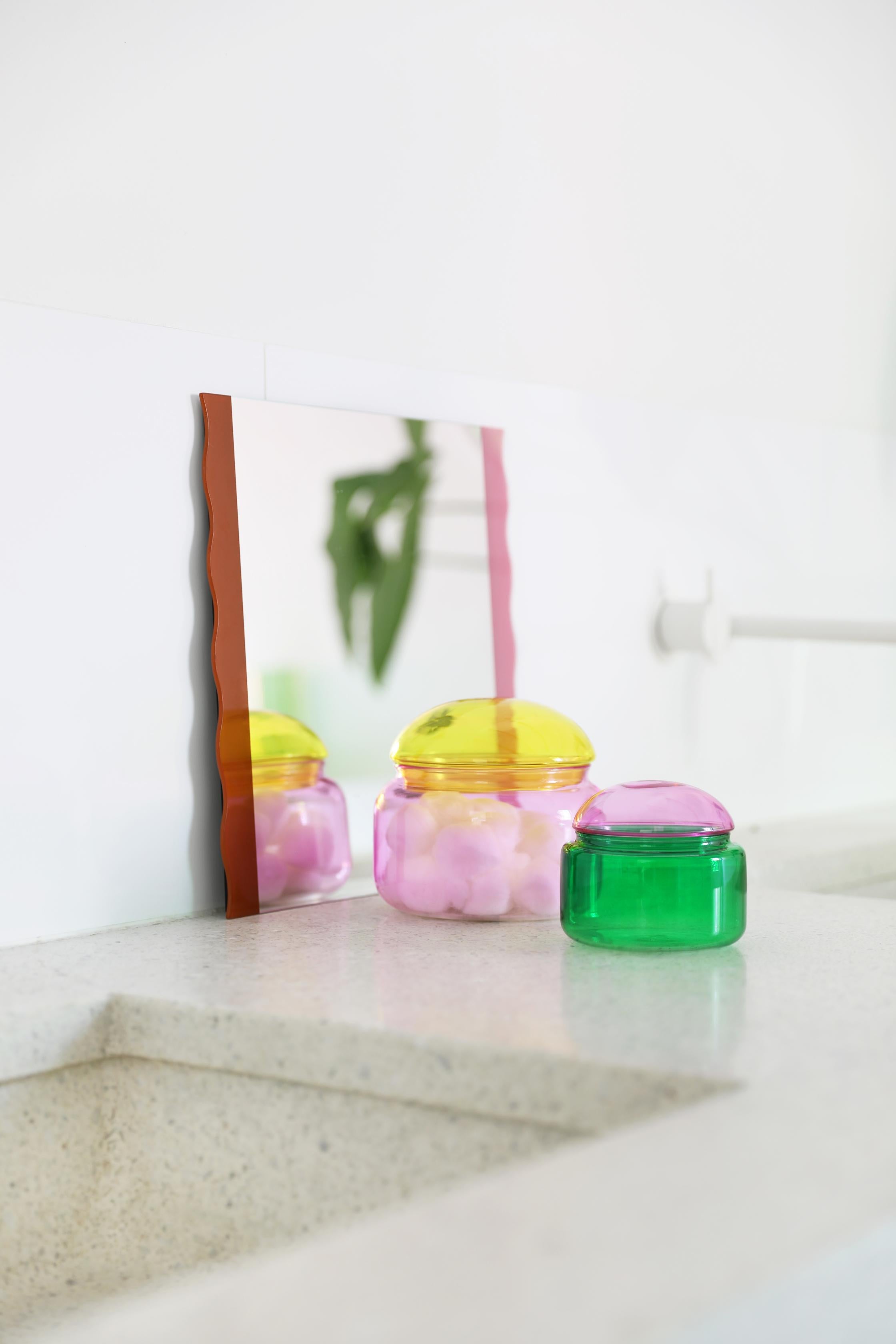 Glass container PUFFY green with pink lid