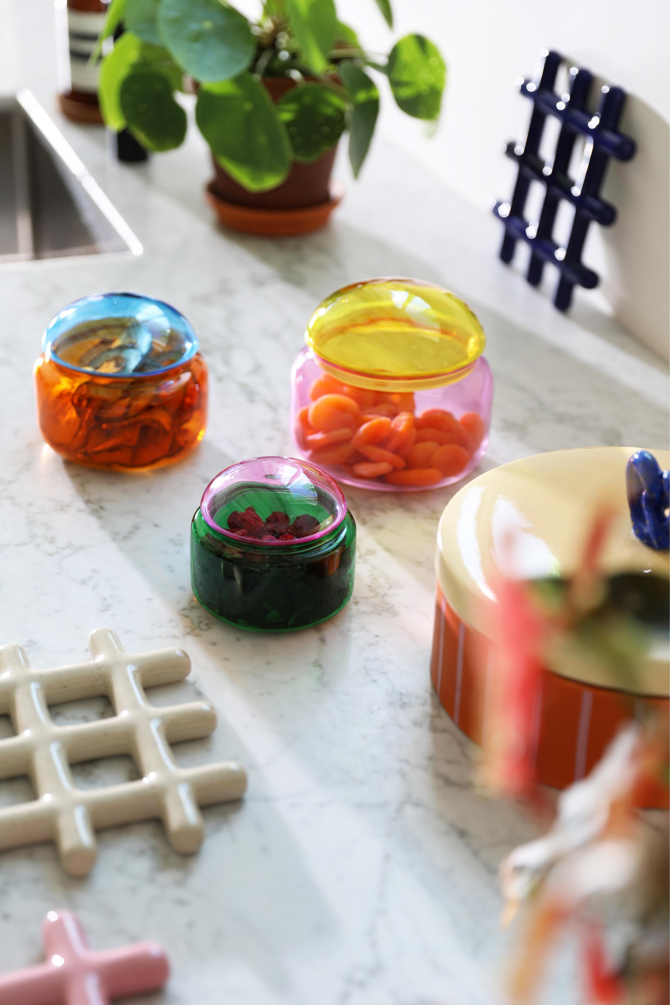 Glass container PUFFY green with pink lid