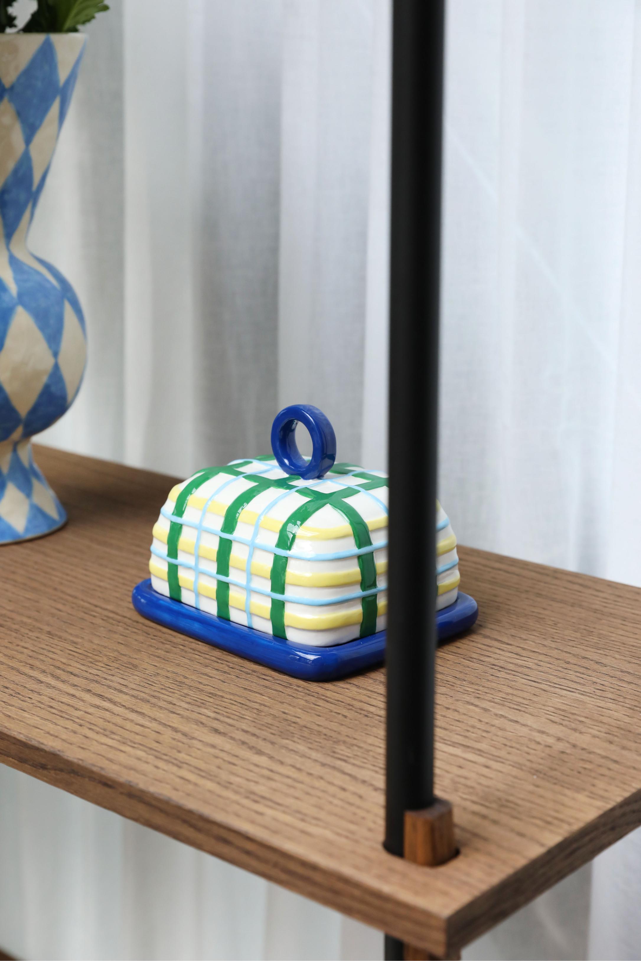 Blue PLAID Butter Dish with Green and Yellow
