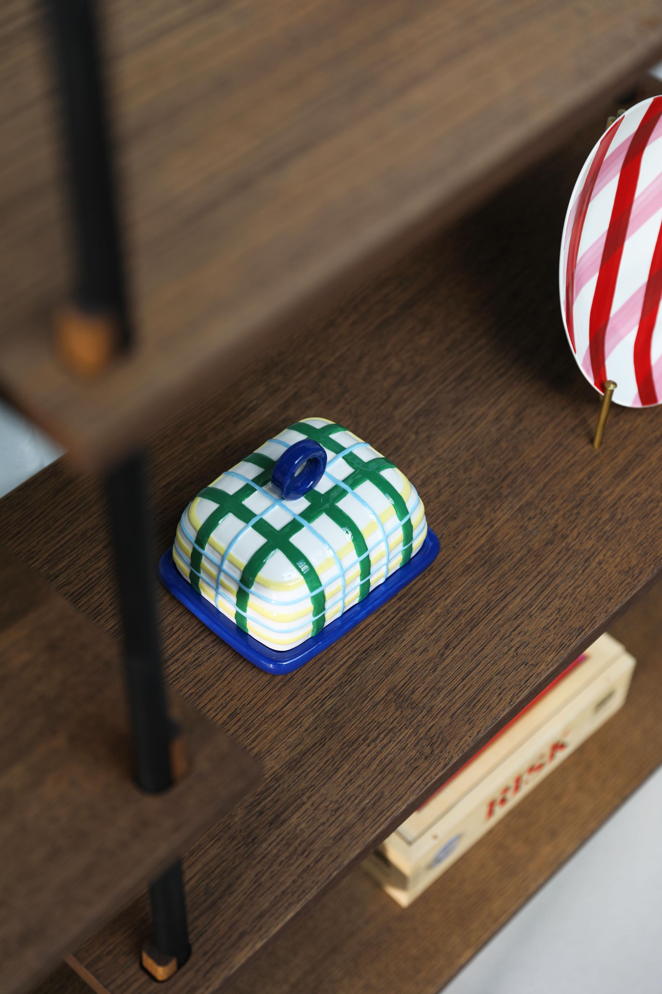 Blue PLAID Butter Dish with Green and Yellow