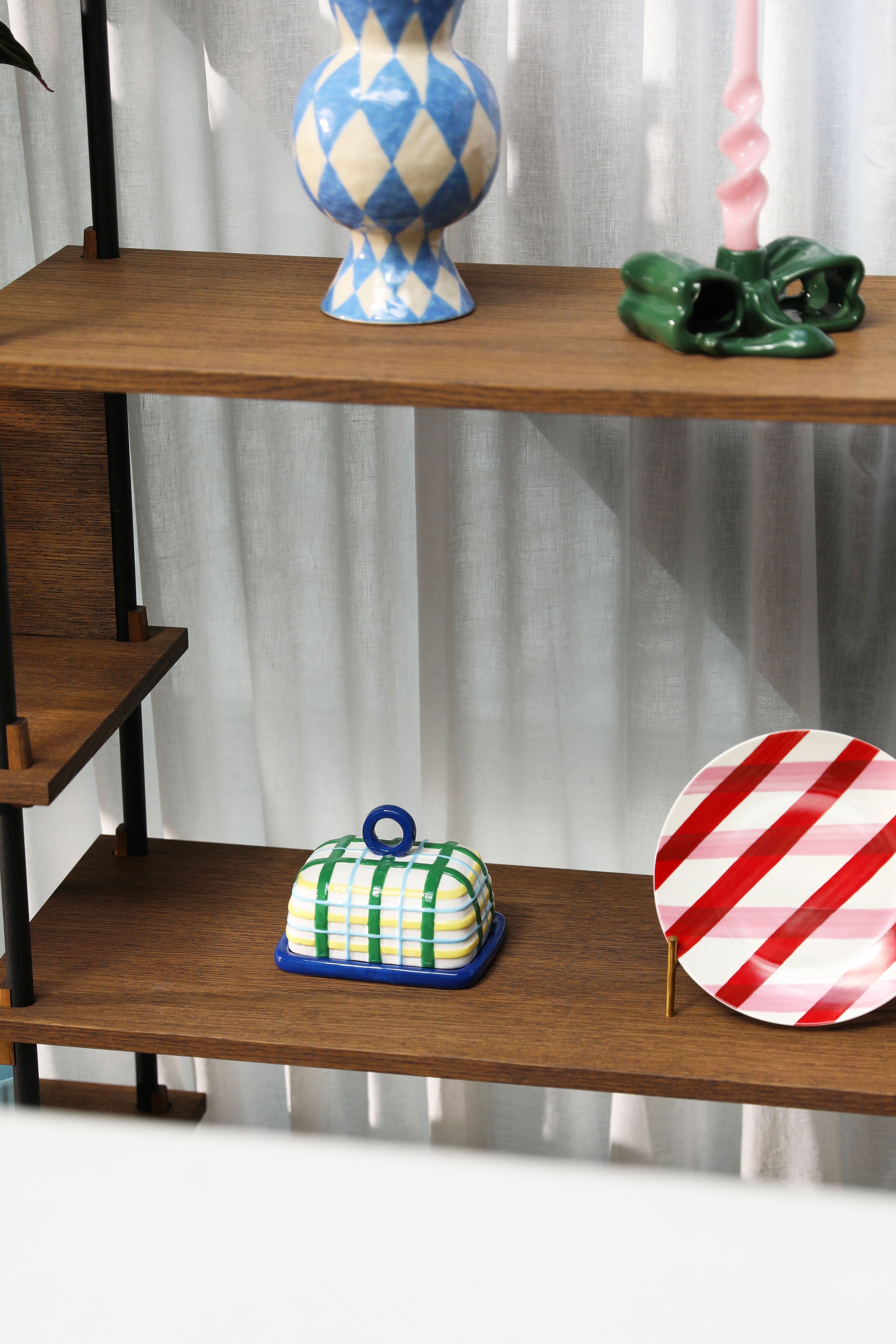 Blue PLAID Butter Dish with Green and Yellow