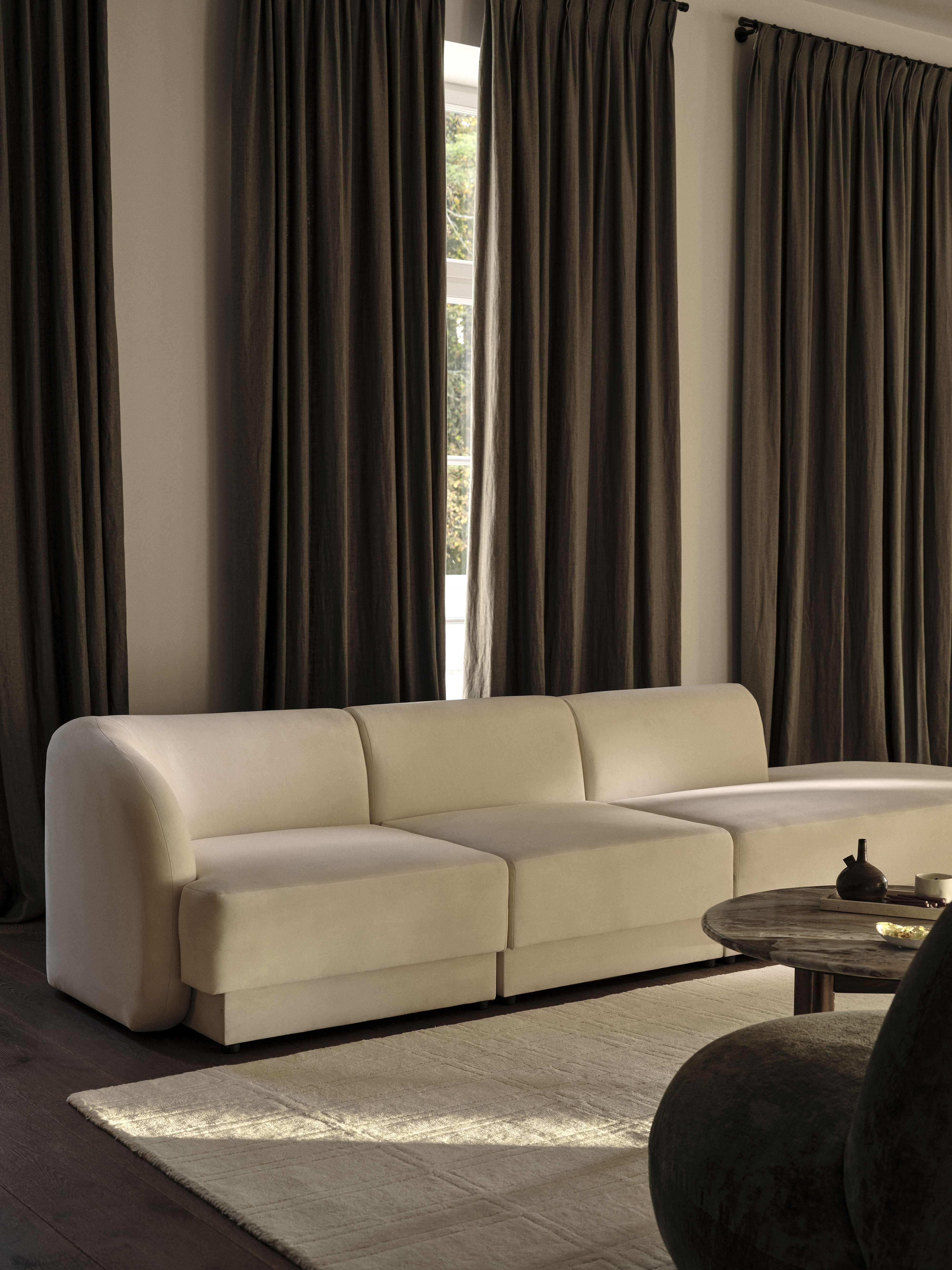 Left-sided modular sofa with table for 4 people, velvet MILEY black