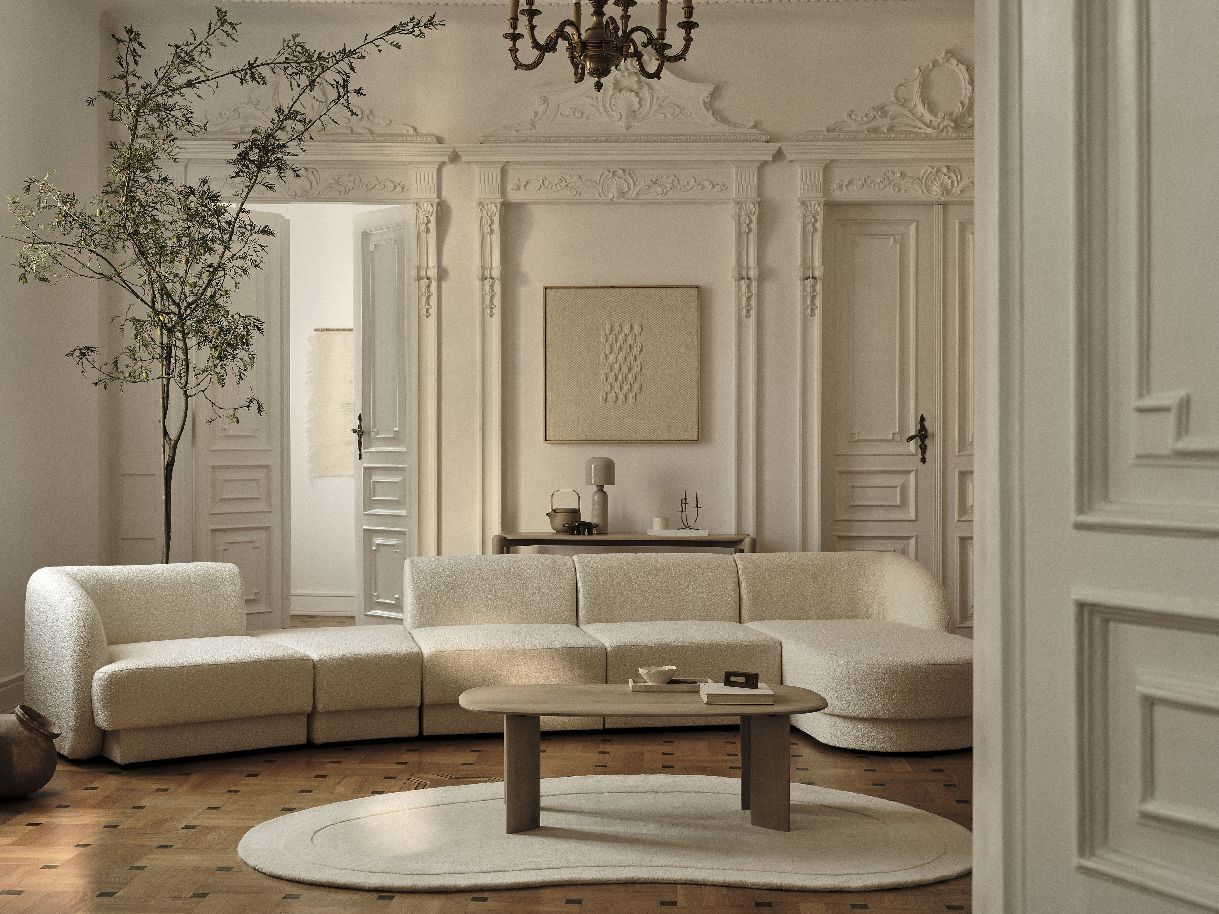 Modulares Samt-Ecksofa rechtsseitig für 7 Personen MILEY hellbeige