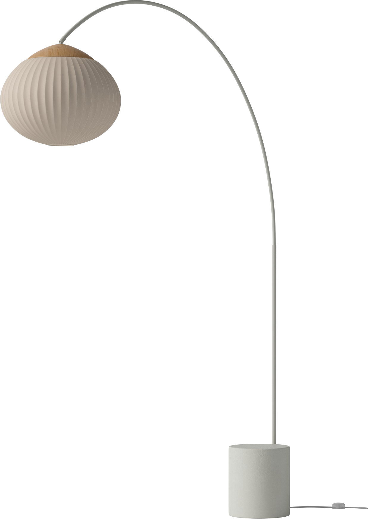 Eichelbodenlampe Beige mit einer Basis aus grauem Beton