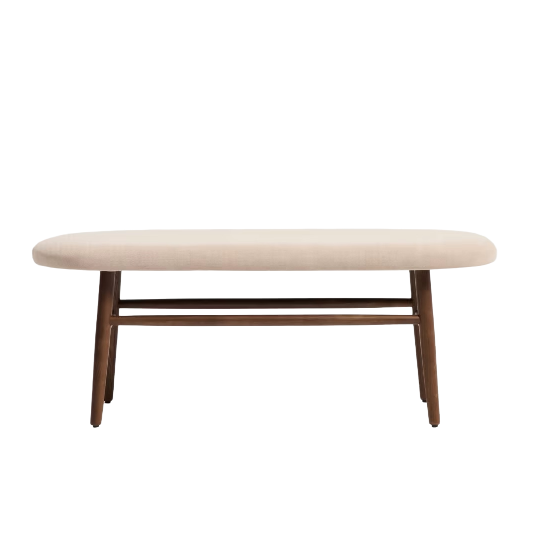 Bank HELDA in beige Chenille mit dunkler furnierter Eichenbasis