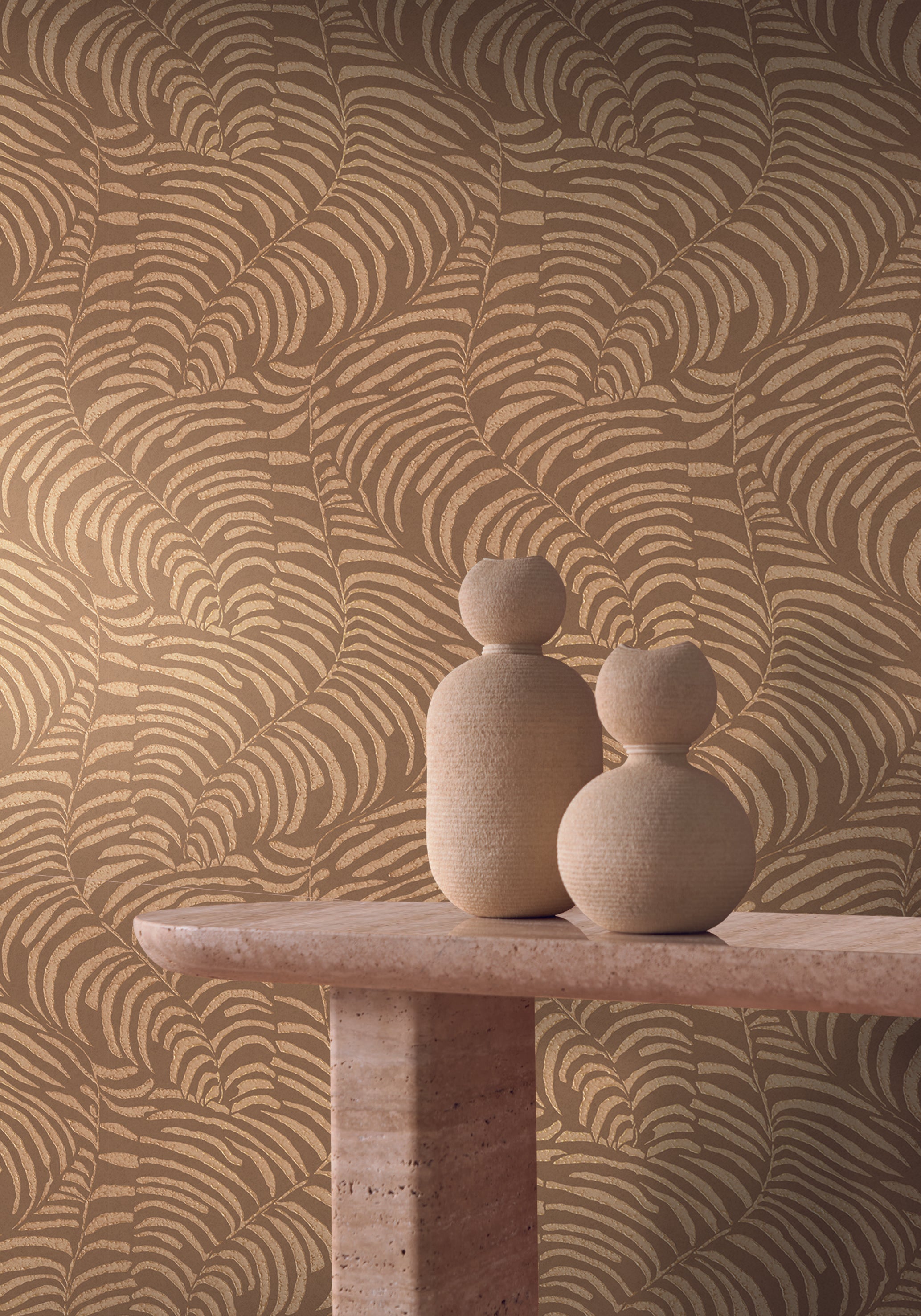 Non-woven wallpaper with a plant motif NOBILE - NUDE/DORÉ beige with gold