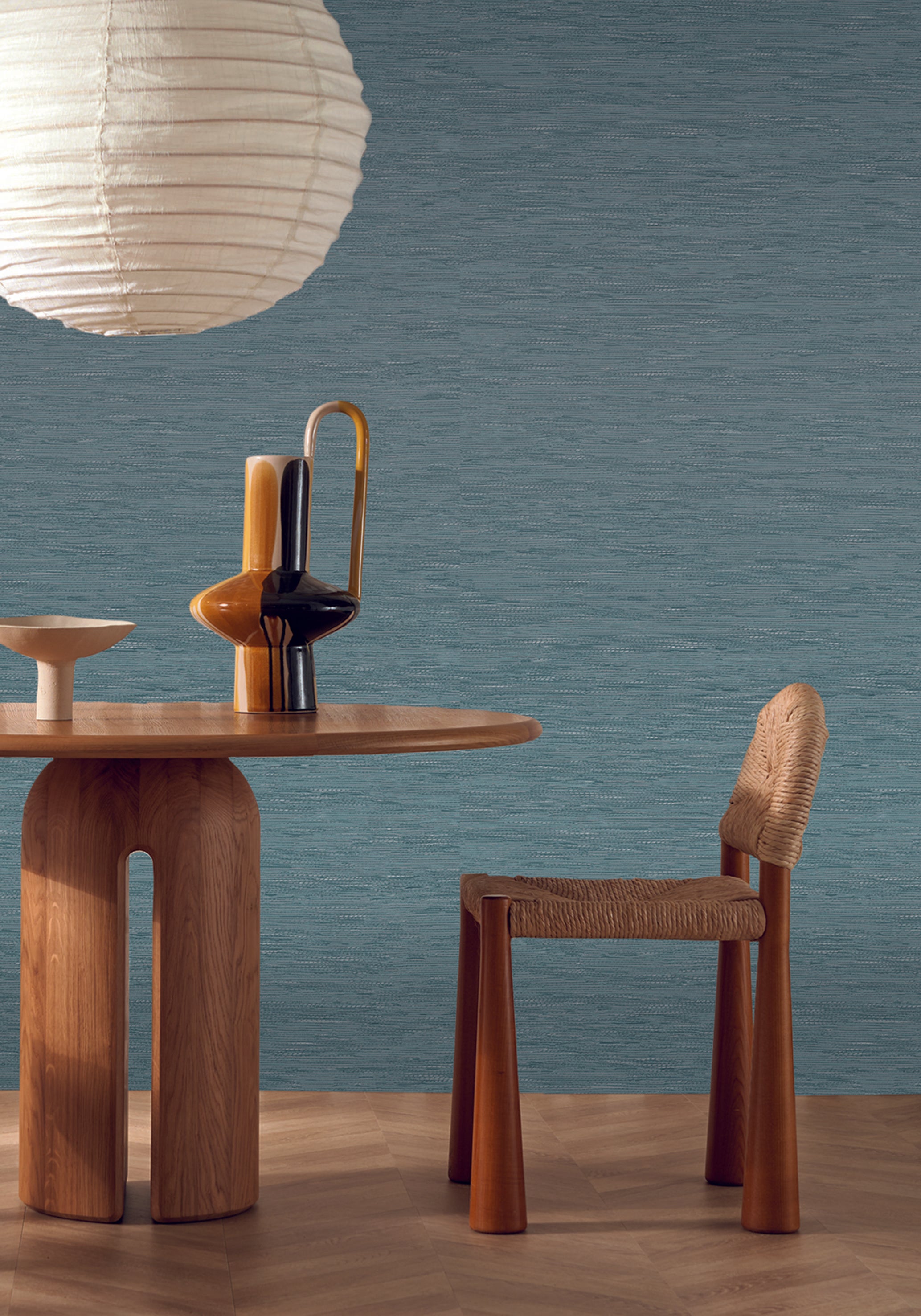 Strukturierte Tapete, die Jacquardstoff imitiert TATAMI - BLEU PERSAN persisches Blau