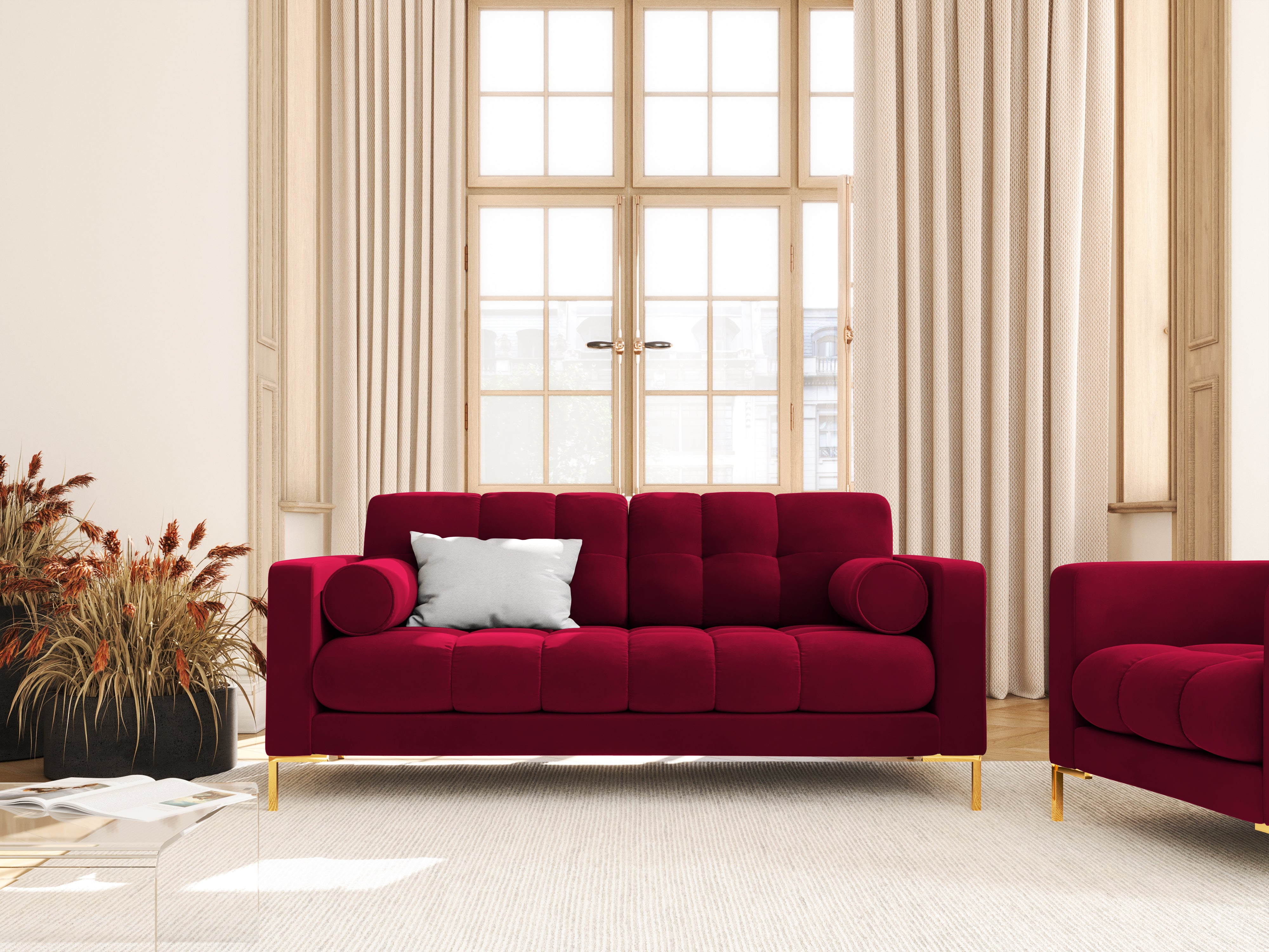 Sofa velvet 2-seater BALI red with gold base