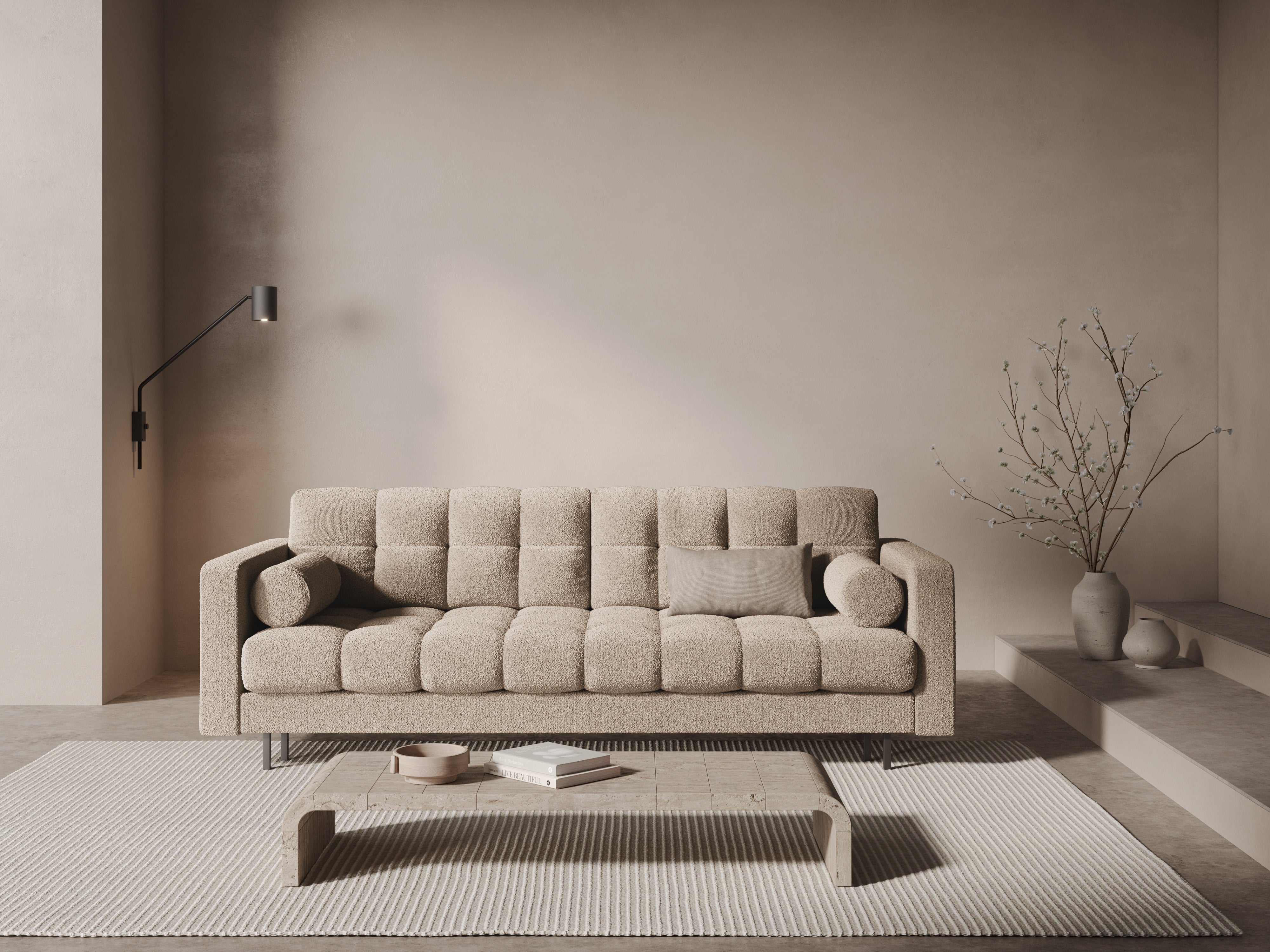 3-Sitzer Sofa mit Schlaffunktion BALI beige Bouclé mit schwarzem Untergestell