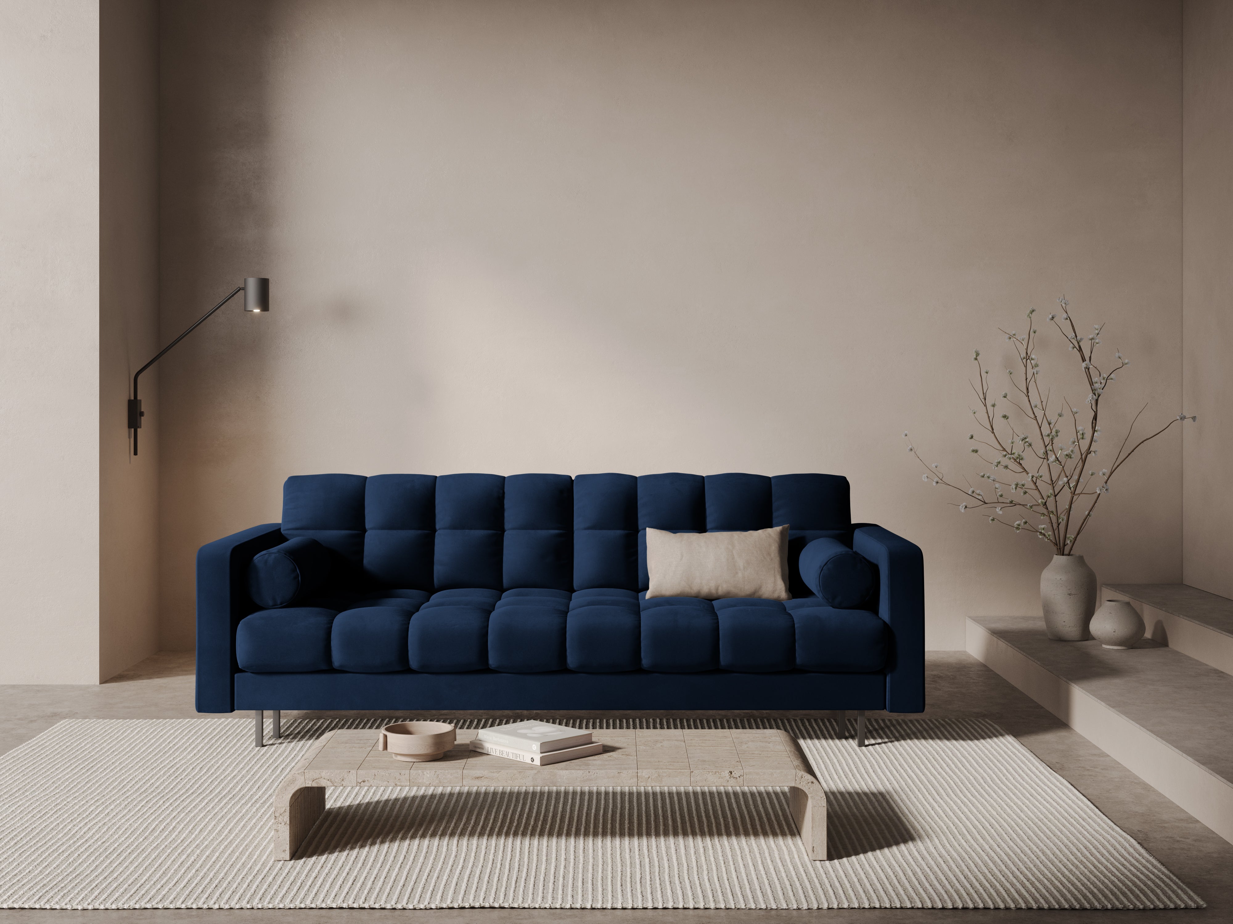 Samtsofa 3-Sitzer mit Schlaffunktion BALI royalblau mit schwarzem Gestell