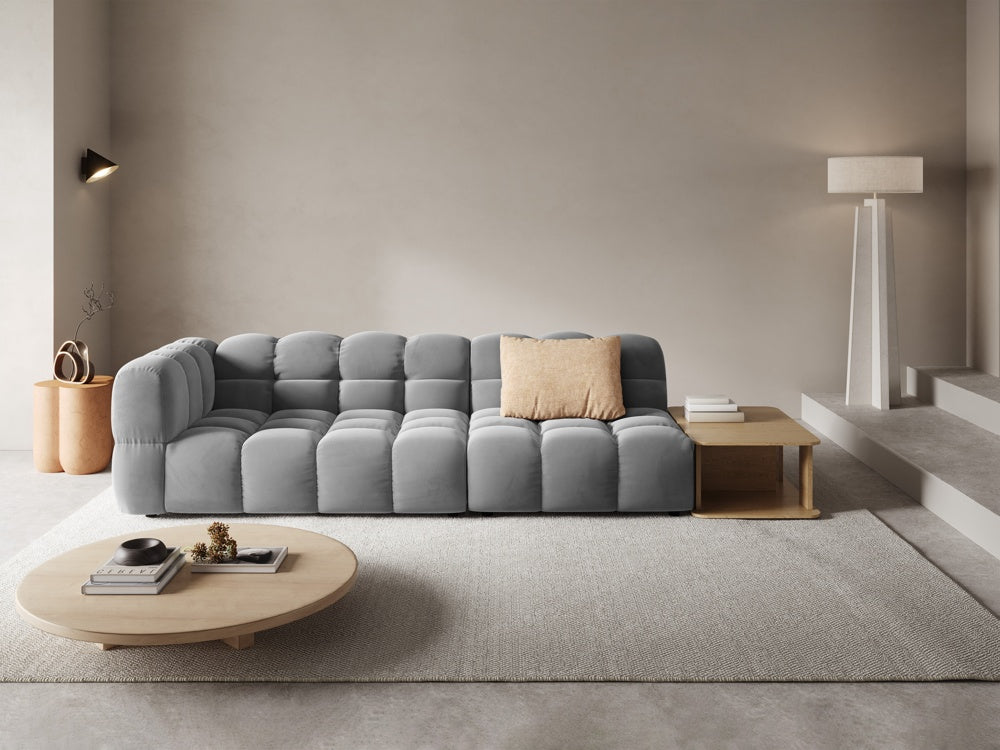 Right-sided 4-seater velvet sofa open with a Sky table light gray