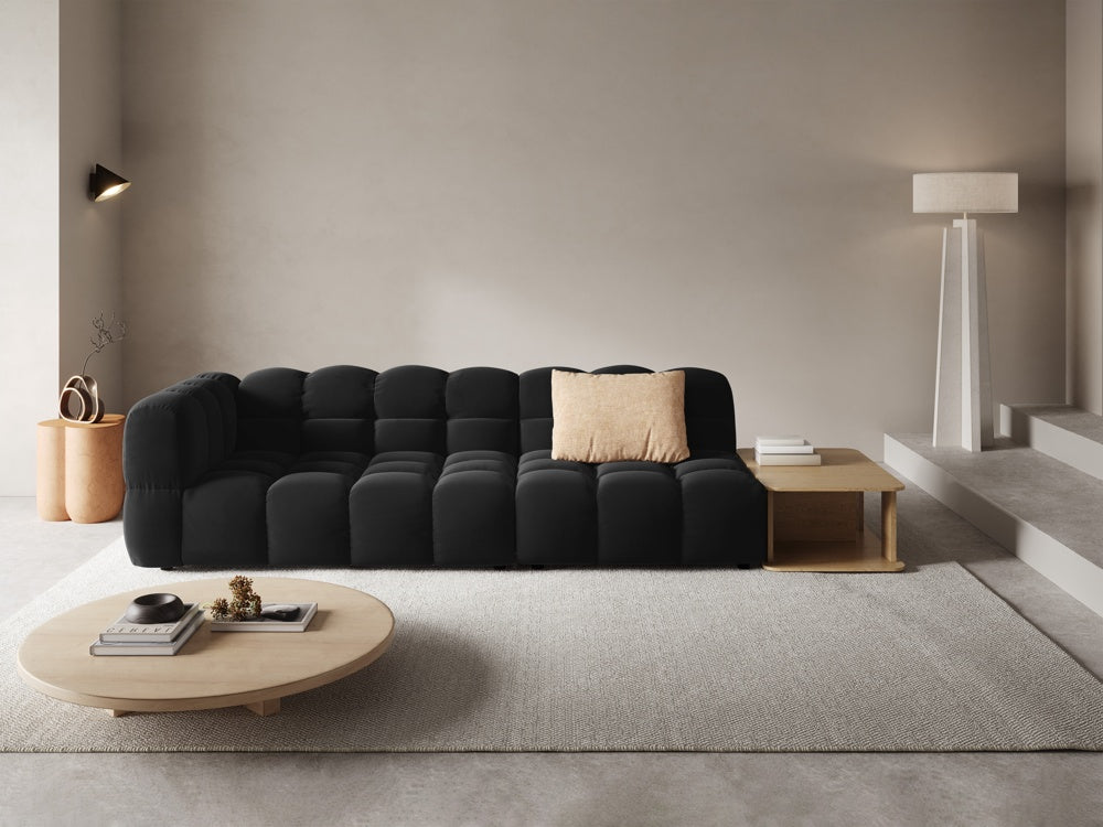 Right-sided 4-seater velvet sofa open with a black sky table