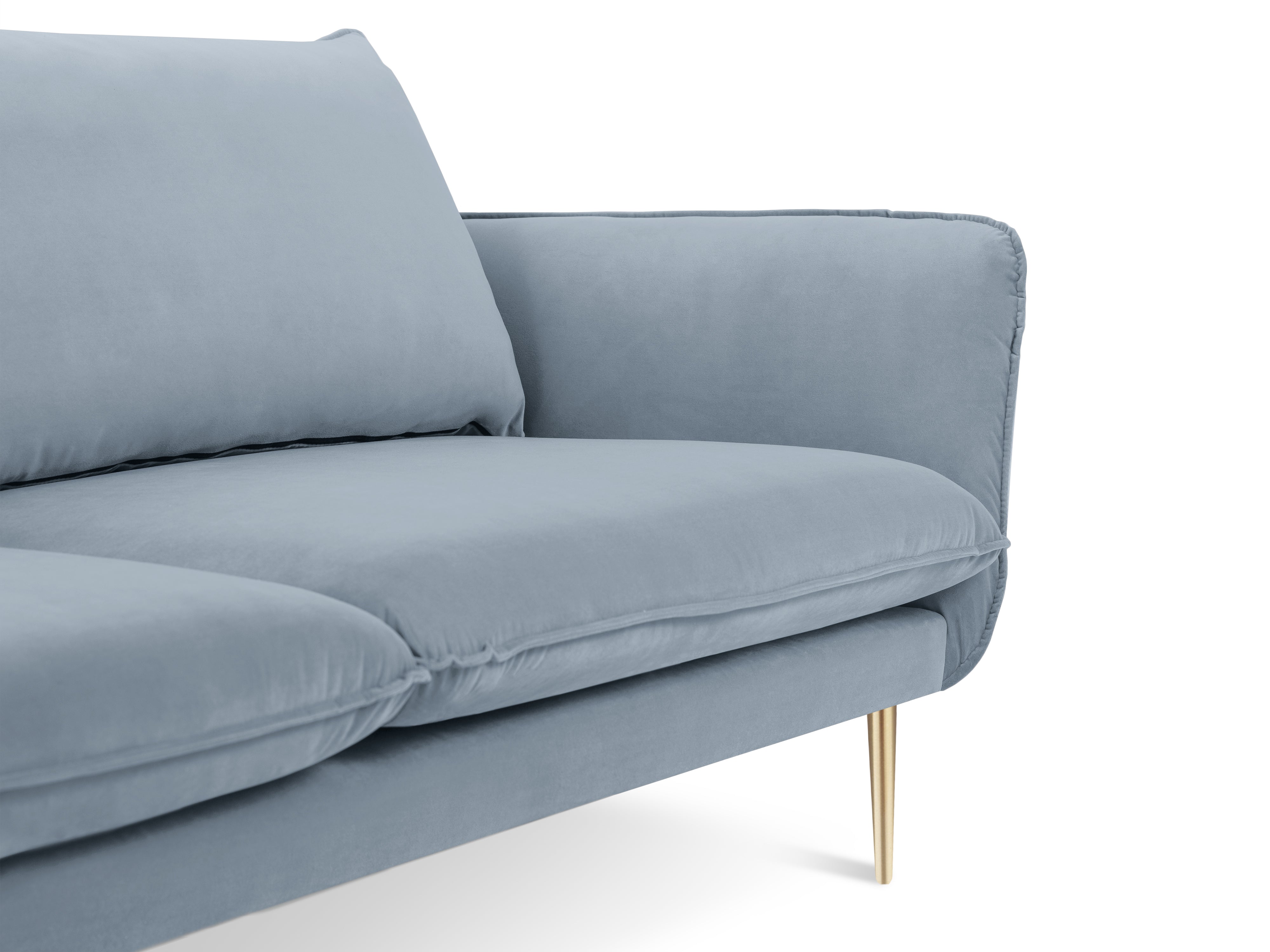 Velvet sofa for 4 people VIENNA light blue with a gold base