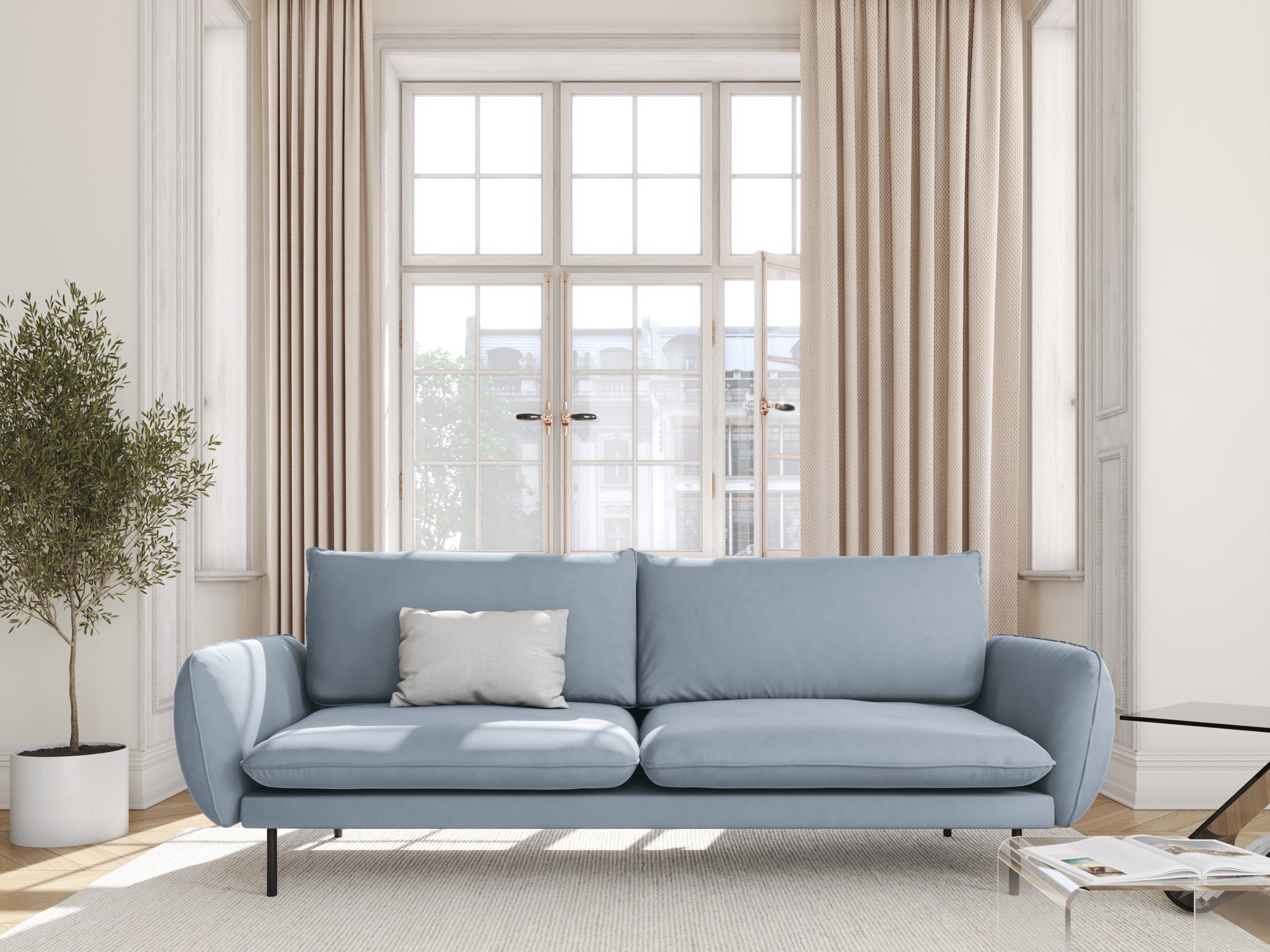 Velvet sofa for 4 people VIENNA light blue with black base