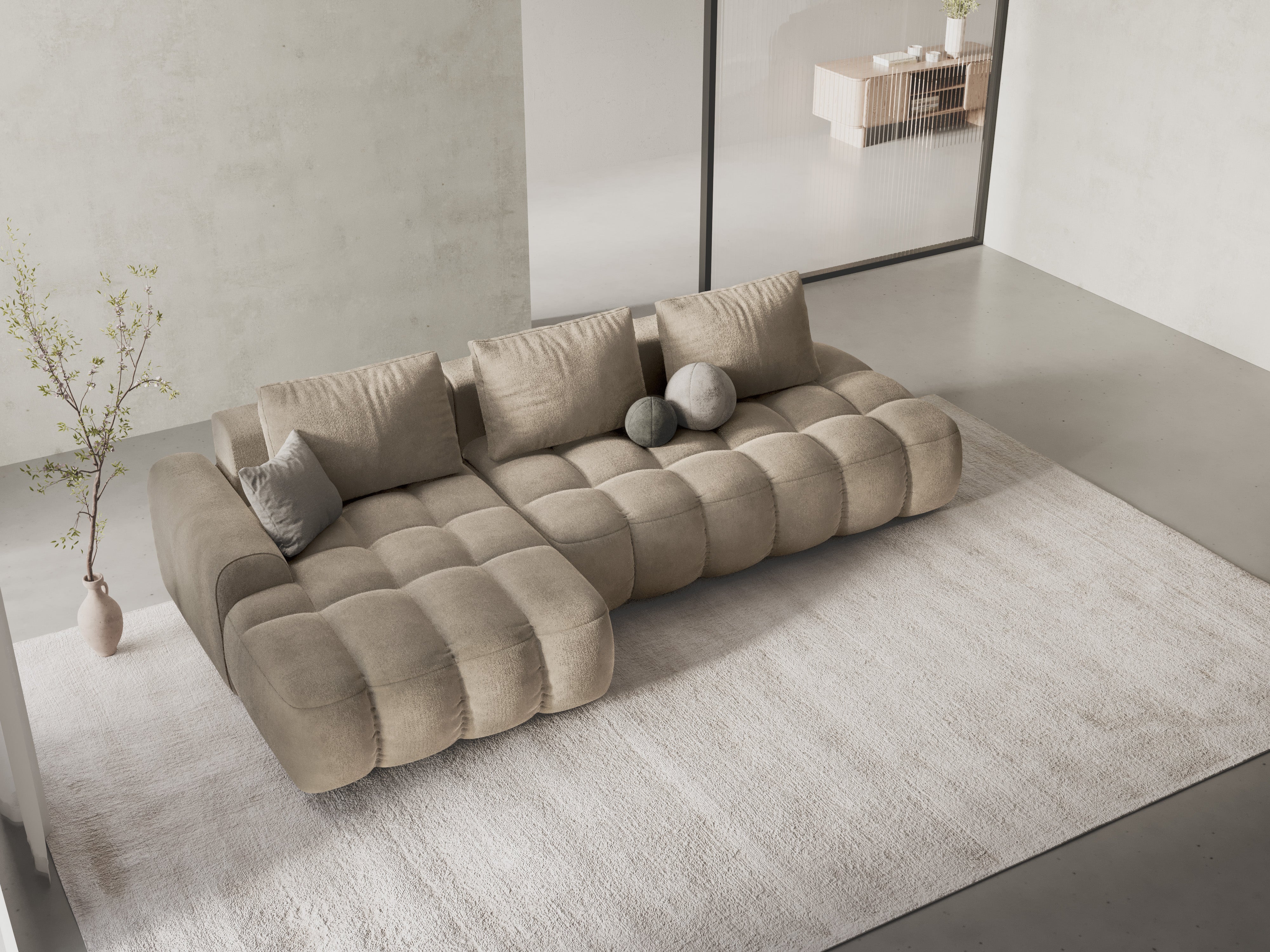 Left-facing velvet corner sofa bed for 3 people LINZ light beige