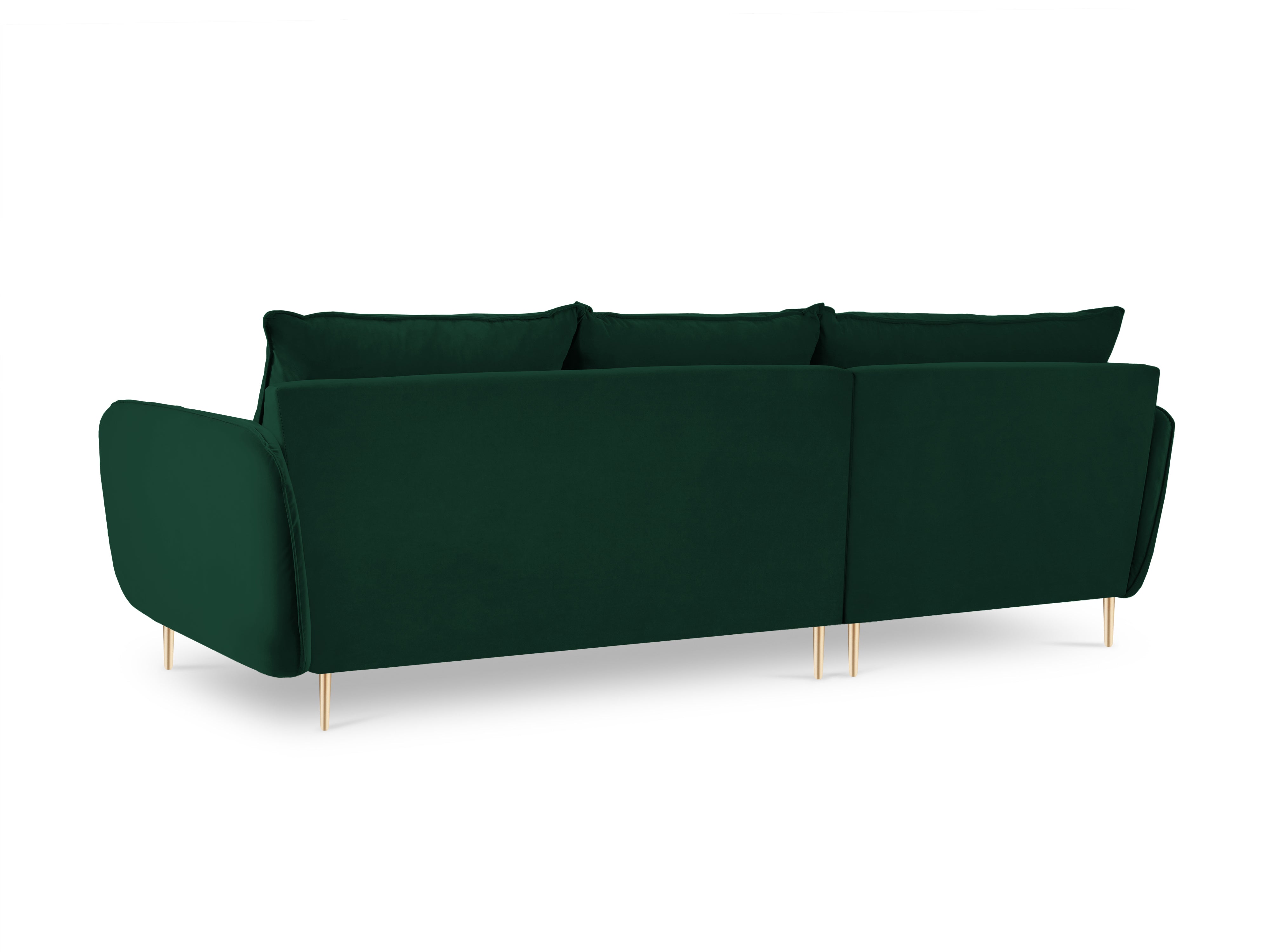 Left-facing velvet corner sofa for 5 people VIENNA in bottle green with a gold base