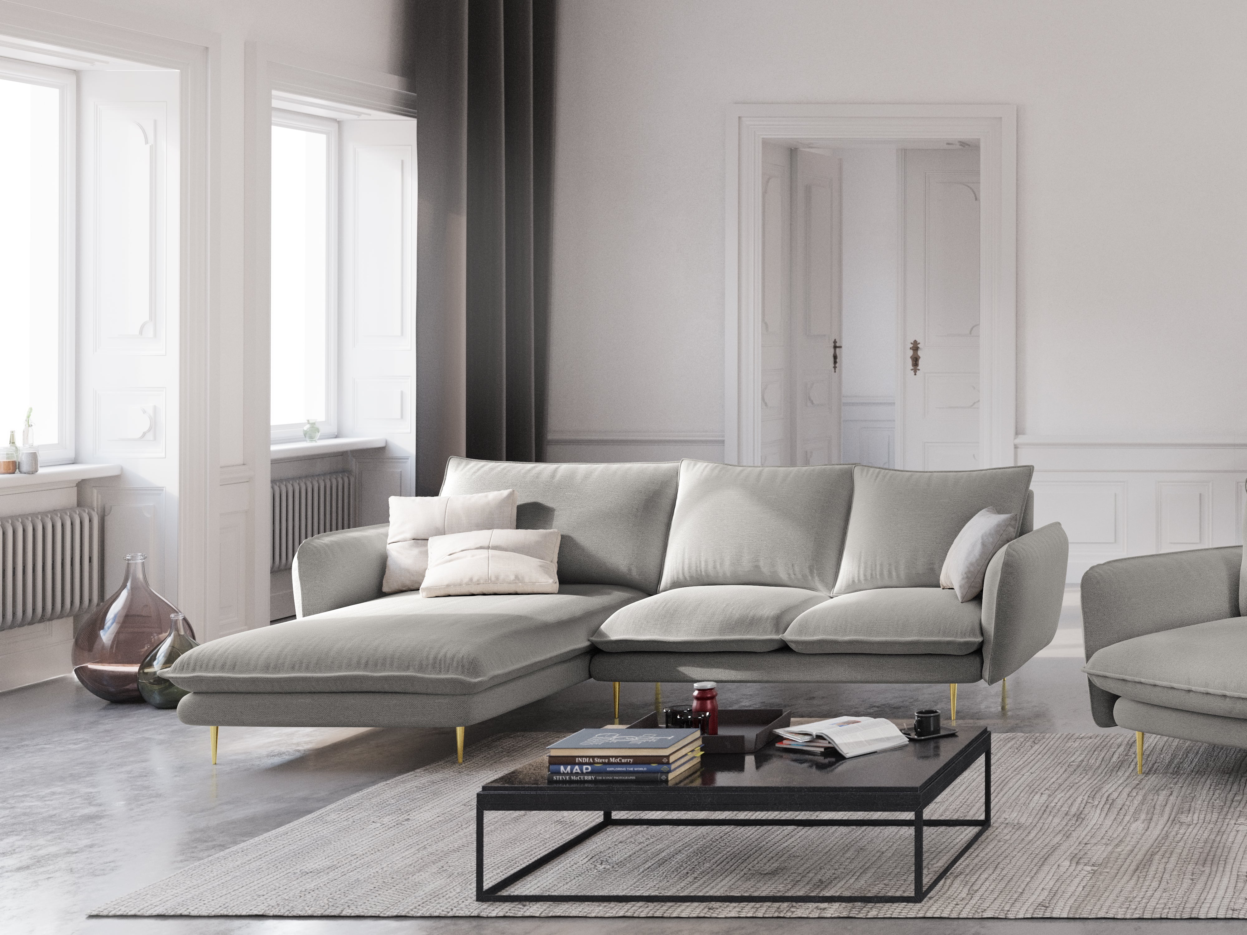Left-facing 6-seater corner sofa VIENNA in light gray chenille with a gold base