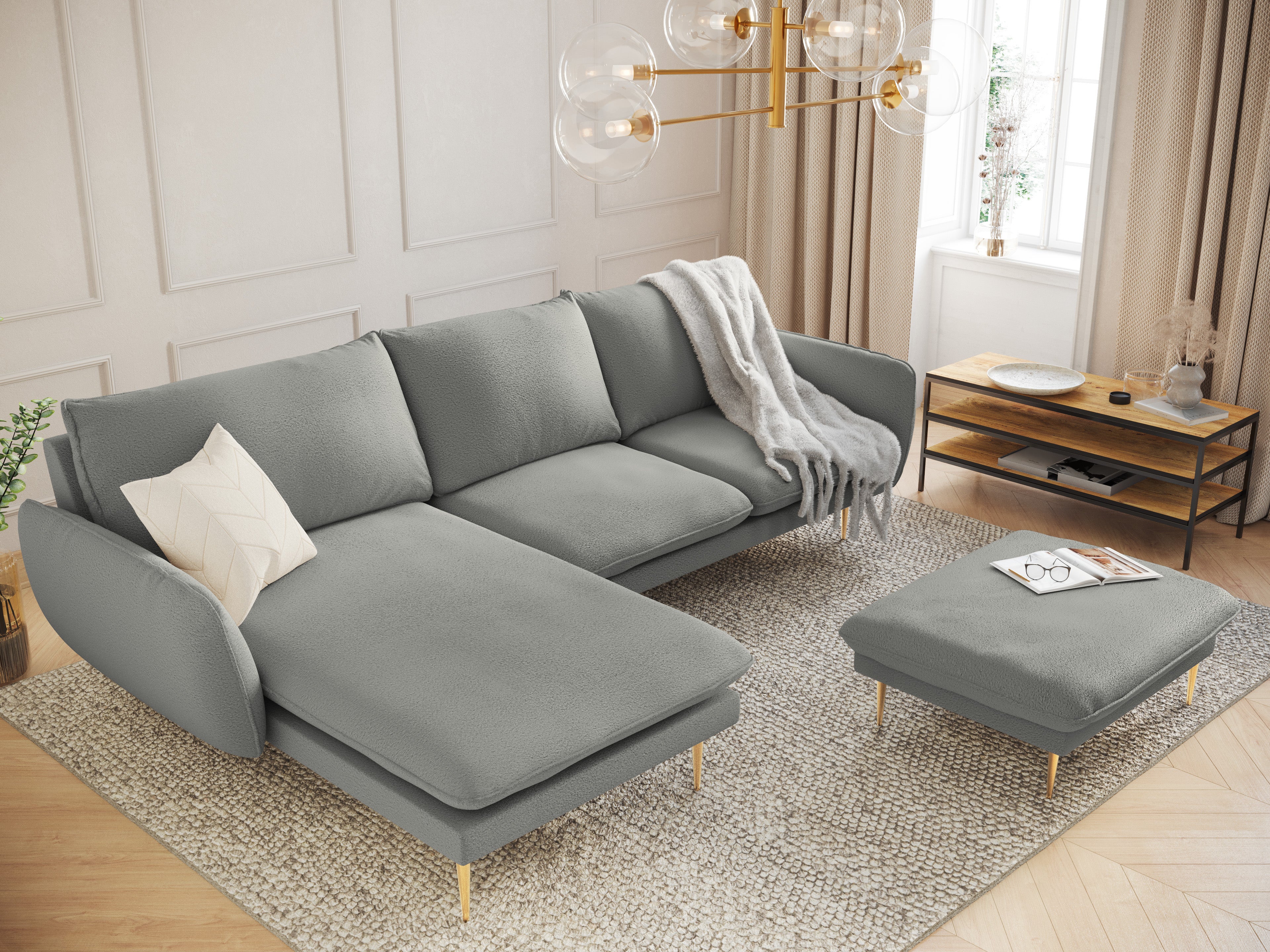 Left-facing 6-seater corner sofa VIENNA in gray boucle with a gold base