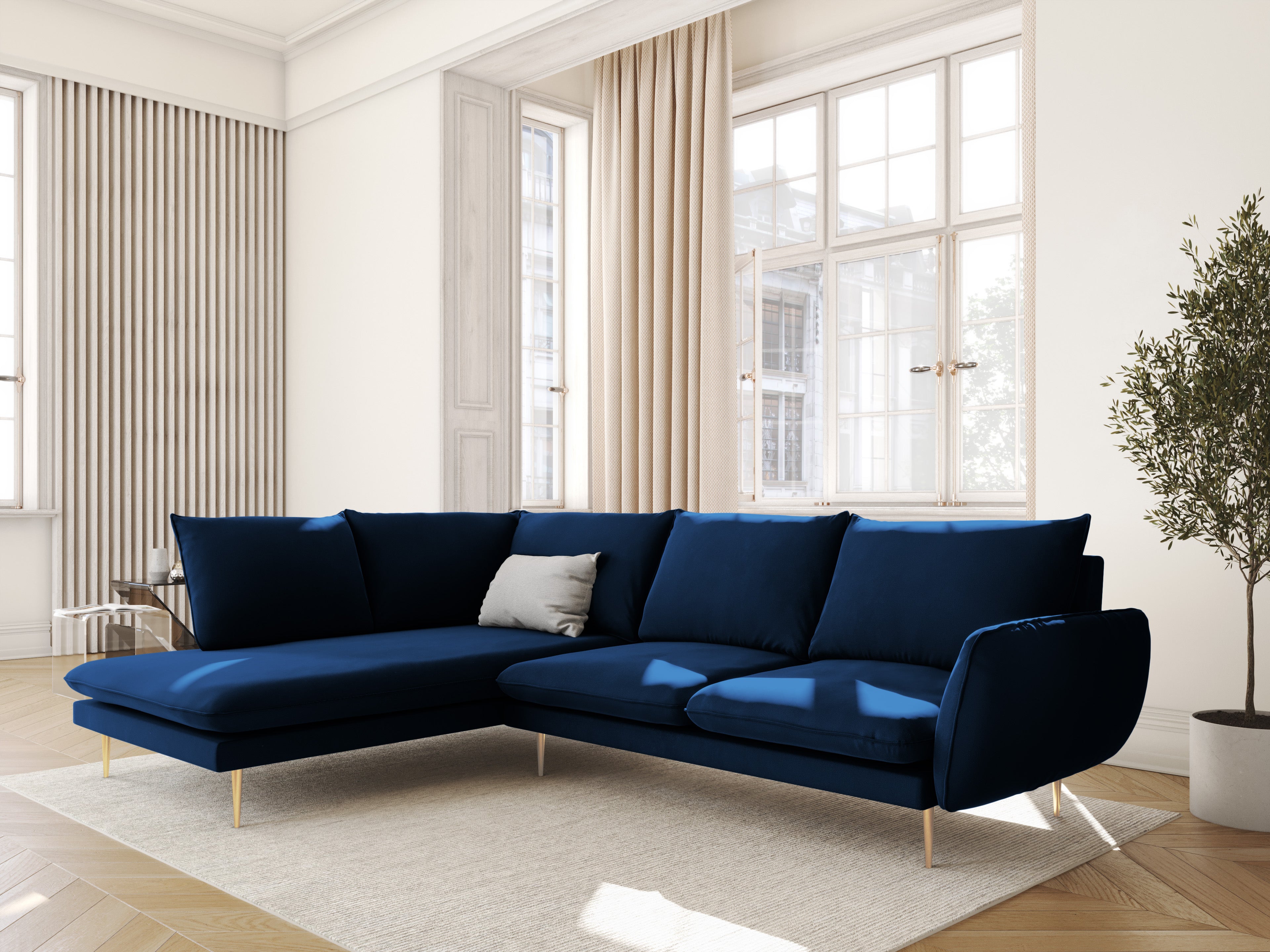 Left-facing velvet corner sofa for 5 people VIENNA in royal blue with a gold base