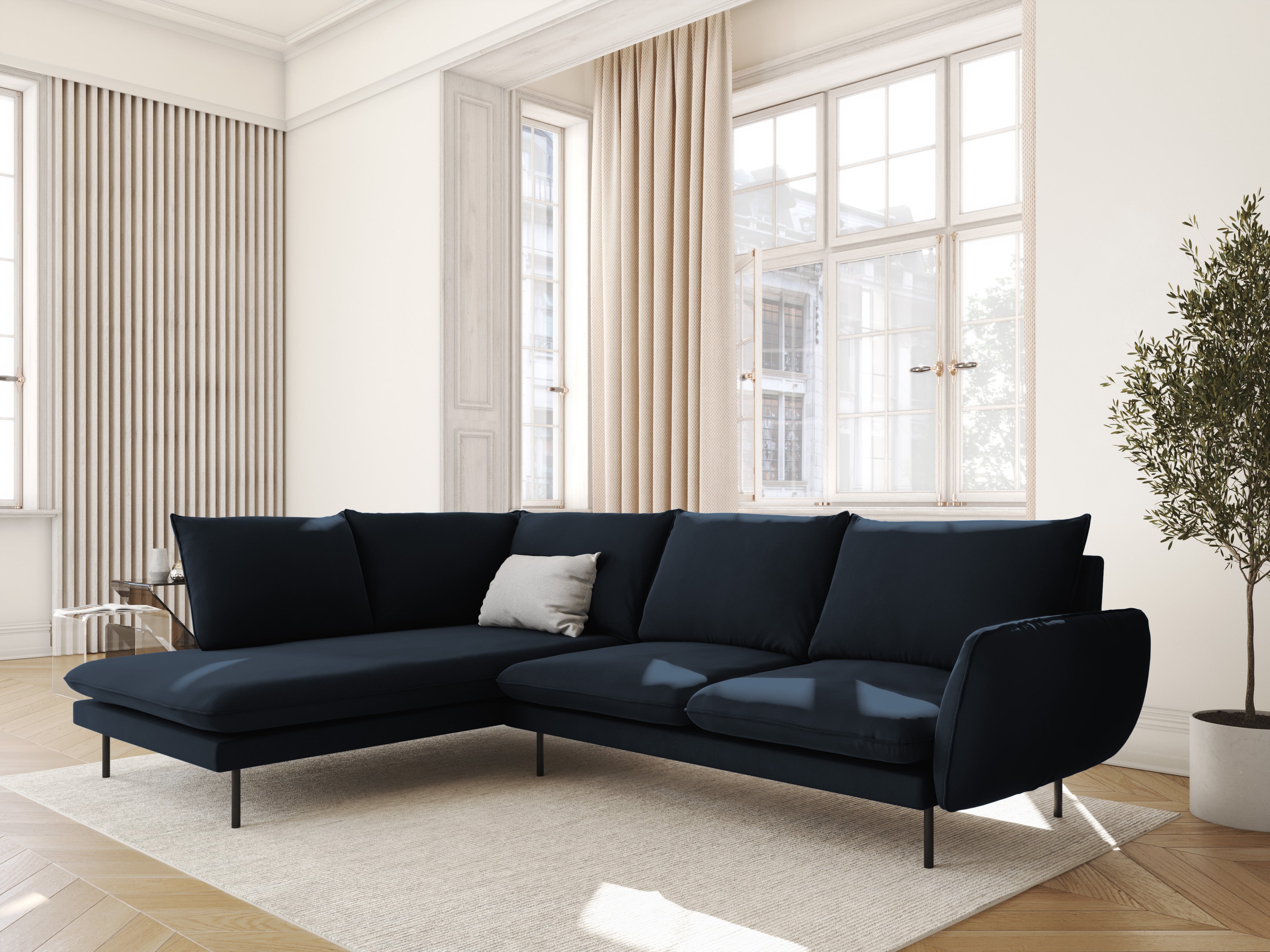 Left-facing velvet corner sofa for 5 people VIENNA in dark blue with a black base