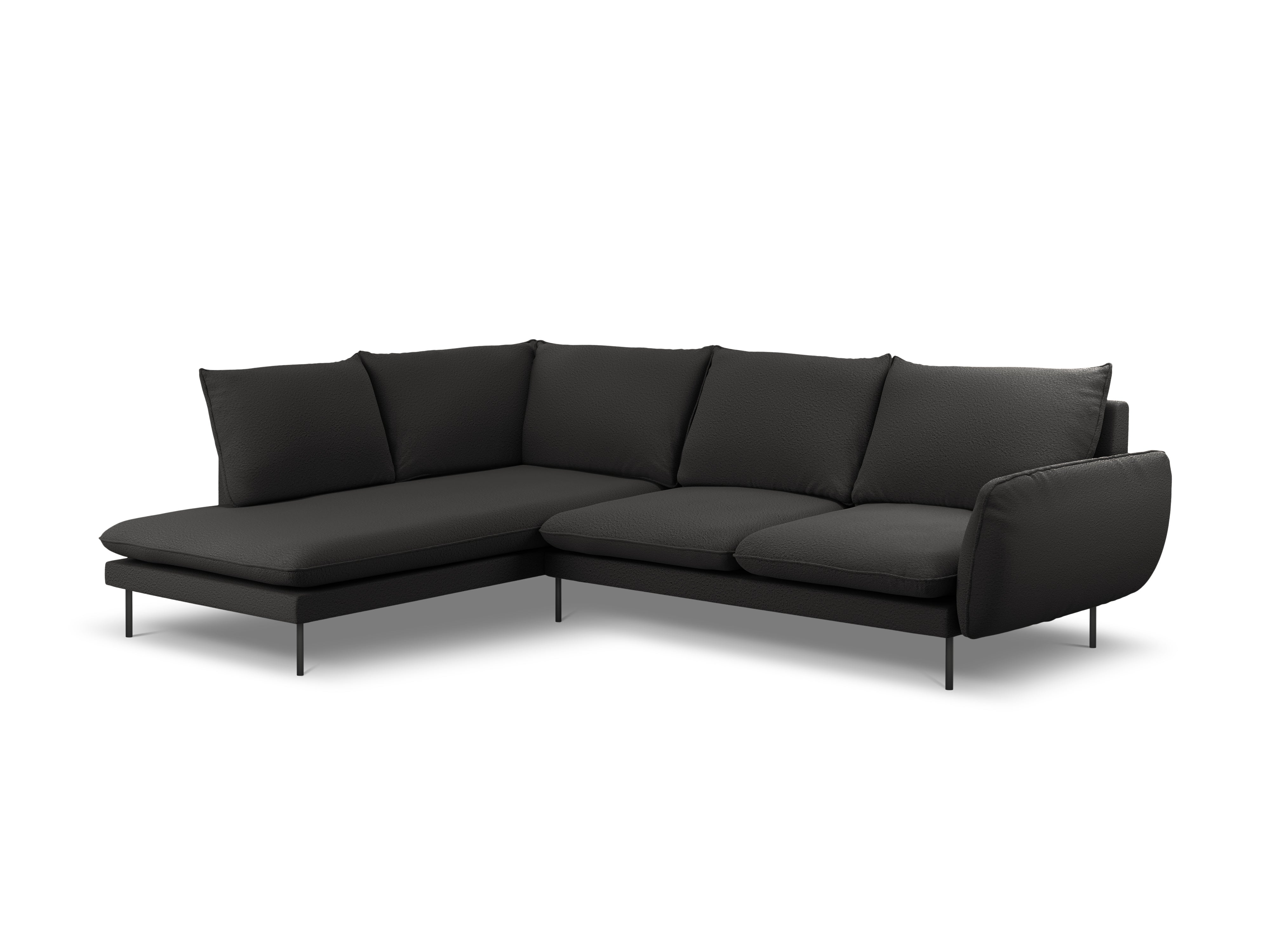 Left-facing 6-seater corner sofa VIENNA in black boucle with a black base