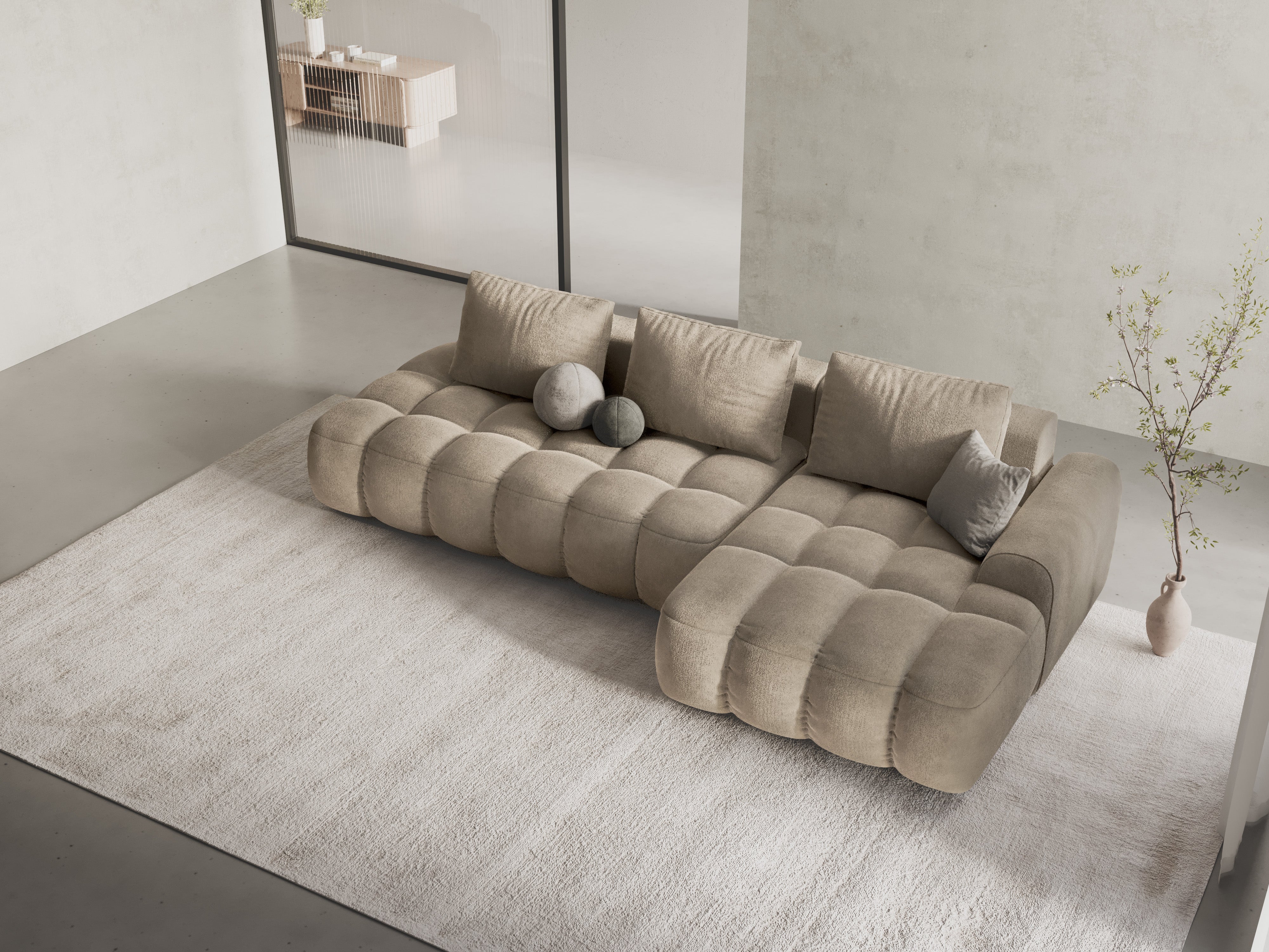 Right-facing velvet corner sofa bed for 3 people LINZ light beige