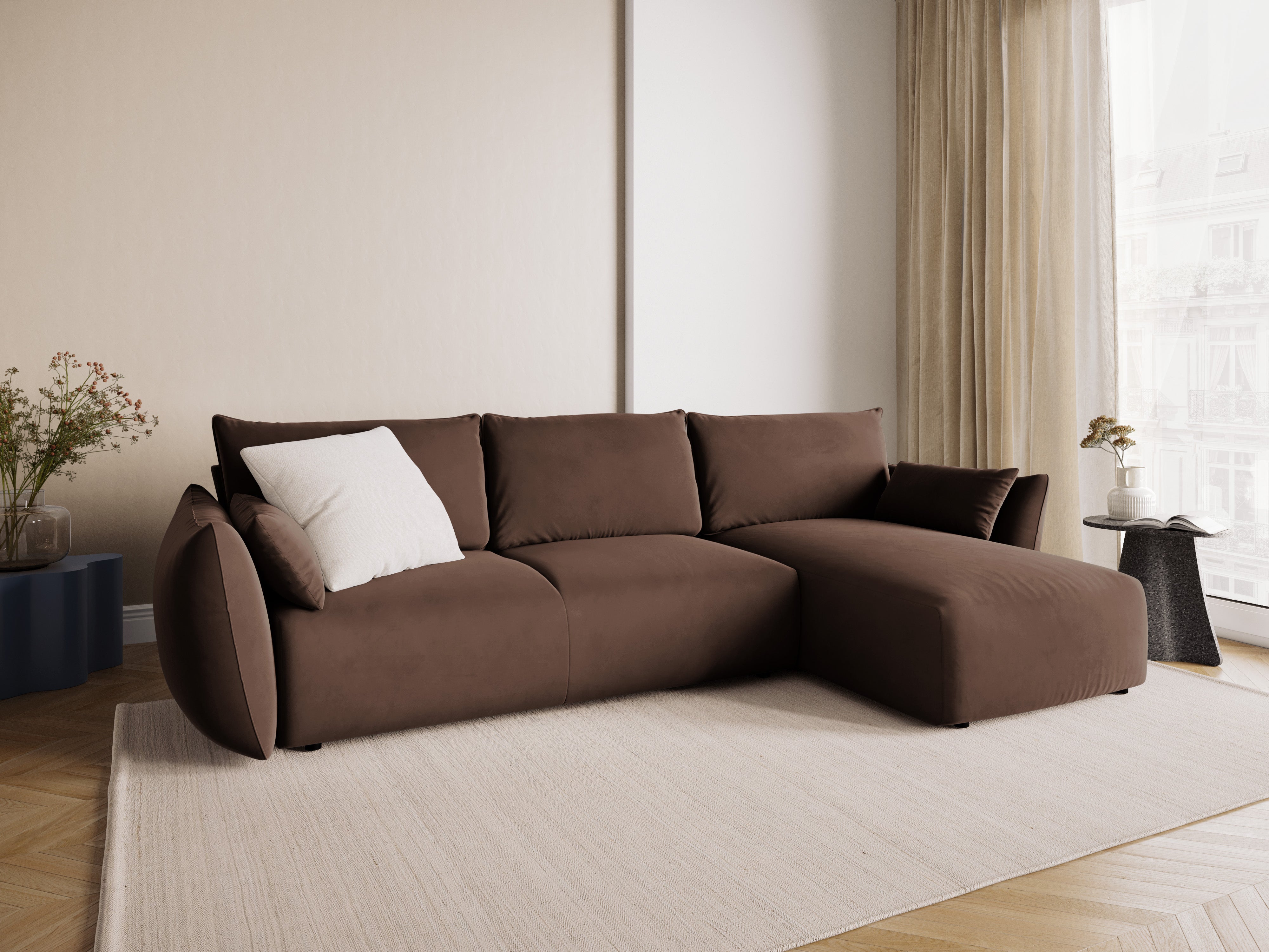 Rechtes Samt-Ecksofa mit Schlaffunktion MATERA schokolade