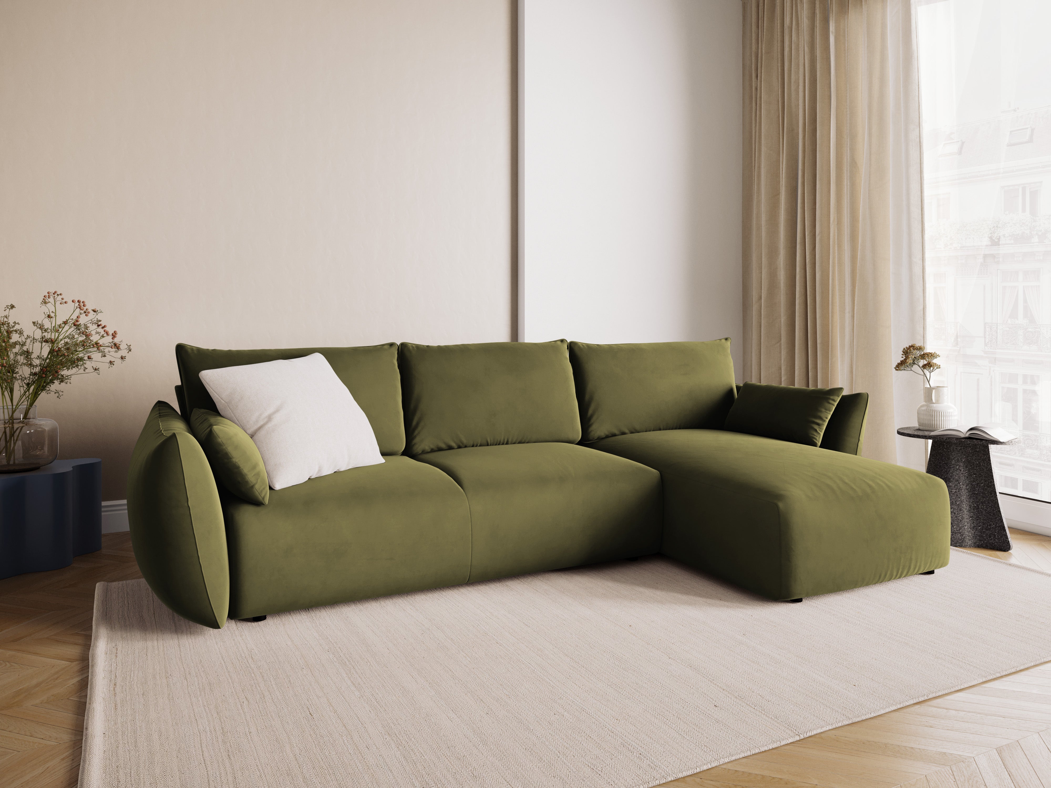 Rechtes Samt-Ecksofa mit Schlaffunktion MATERA oliv