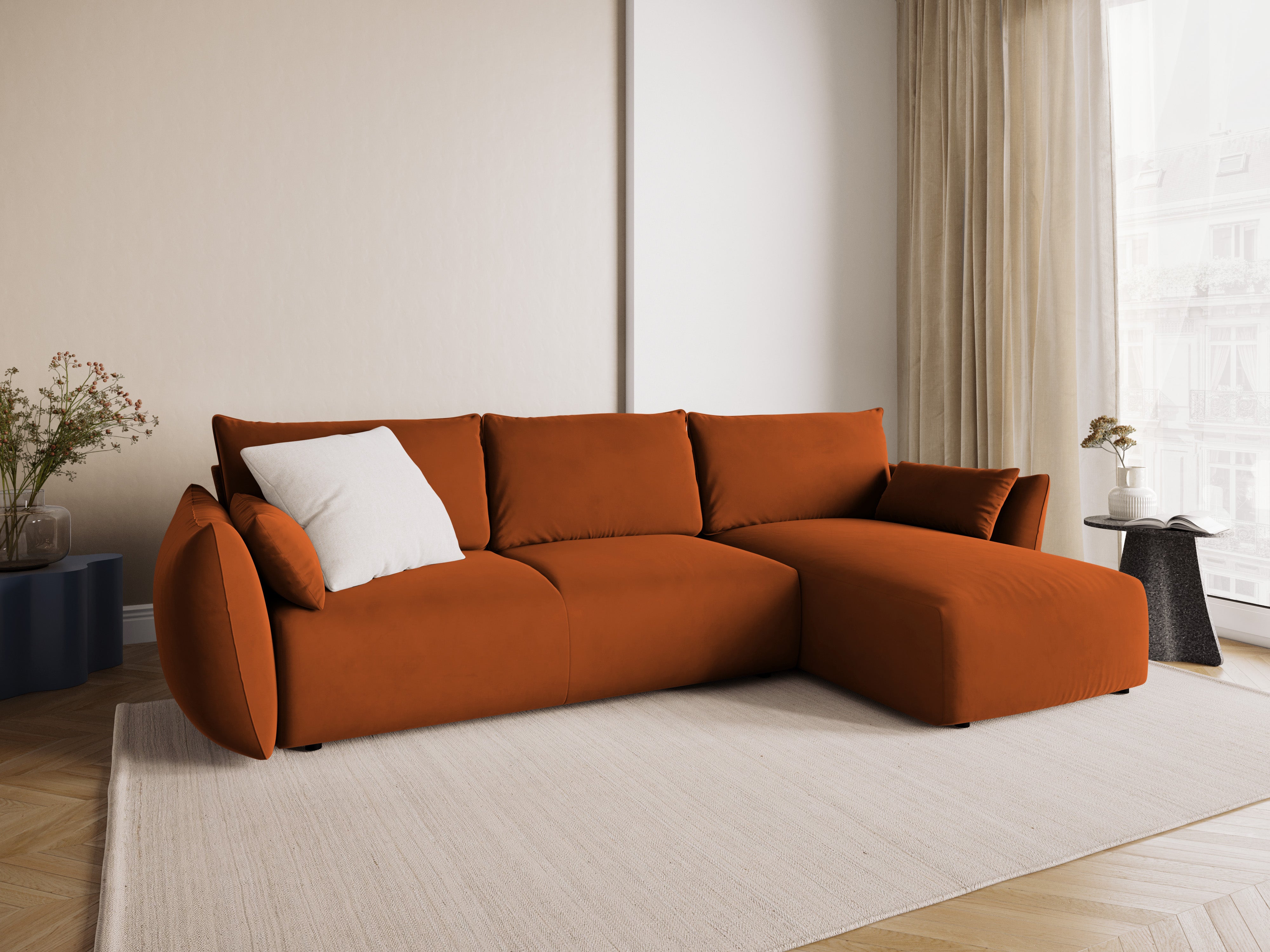 Rechtes Samt-Ecksofa mit Schlaffunktion MATERA Ziegel