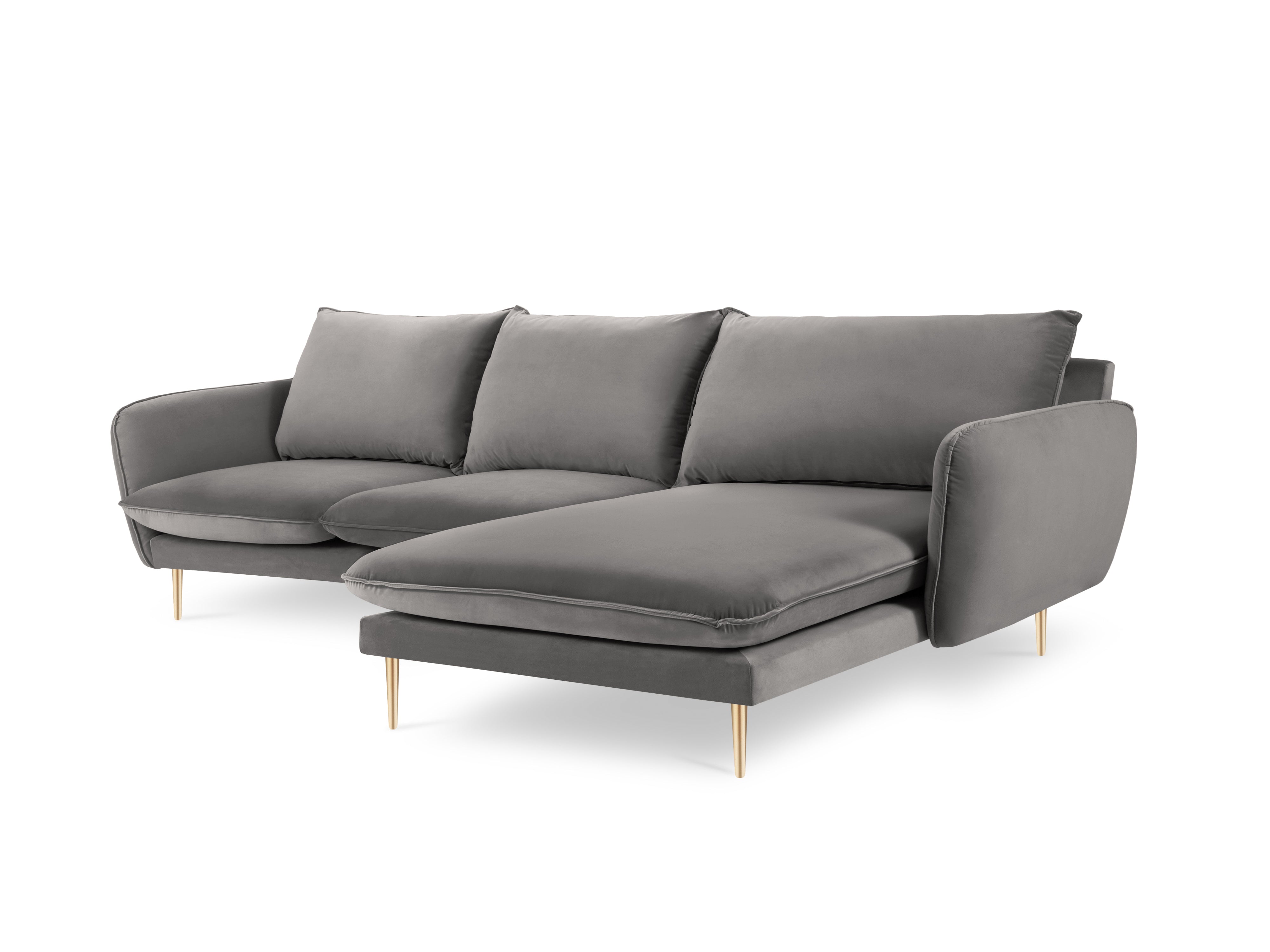 Velvet corner sofa, right-facing, 5-seater VIENNA in light gray with a gold base