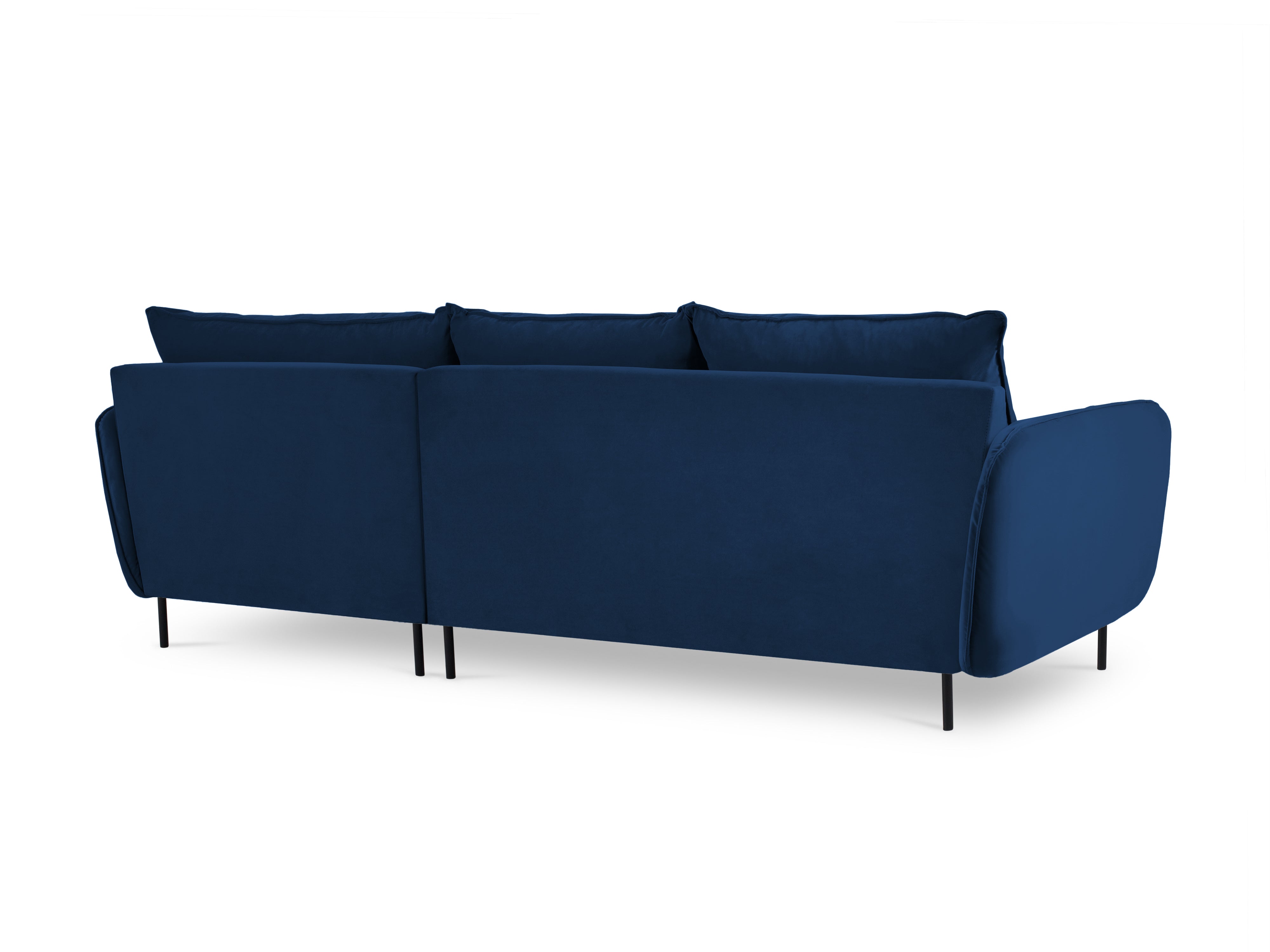Right-facing velvet corner sofa for 5 people VIENNA in royal blue with a black base